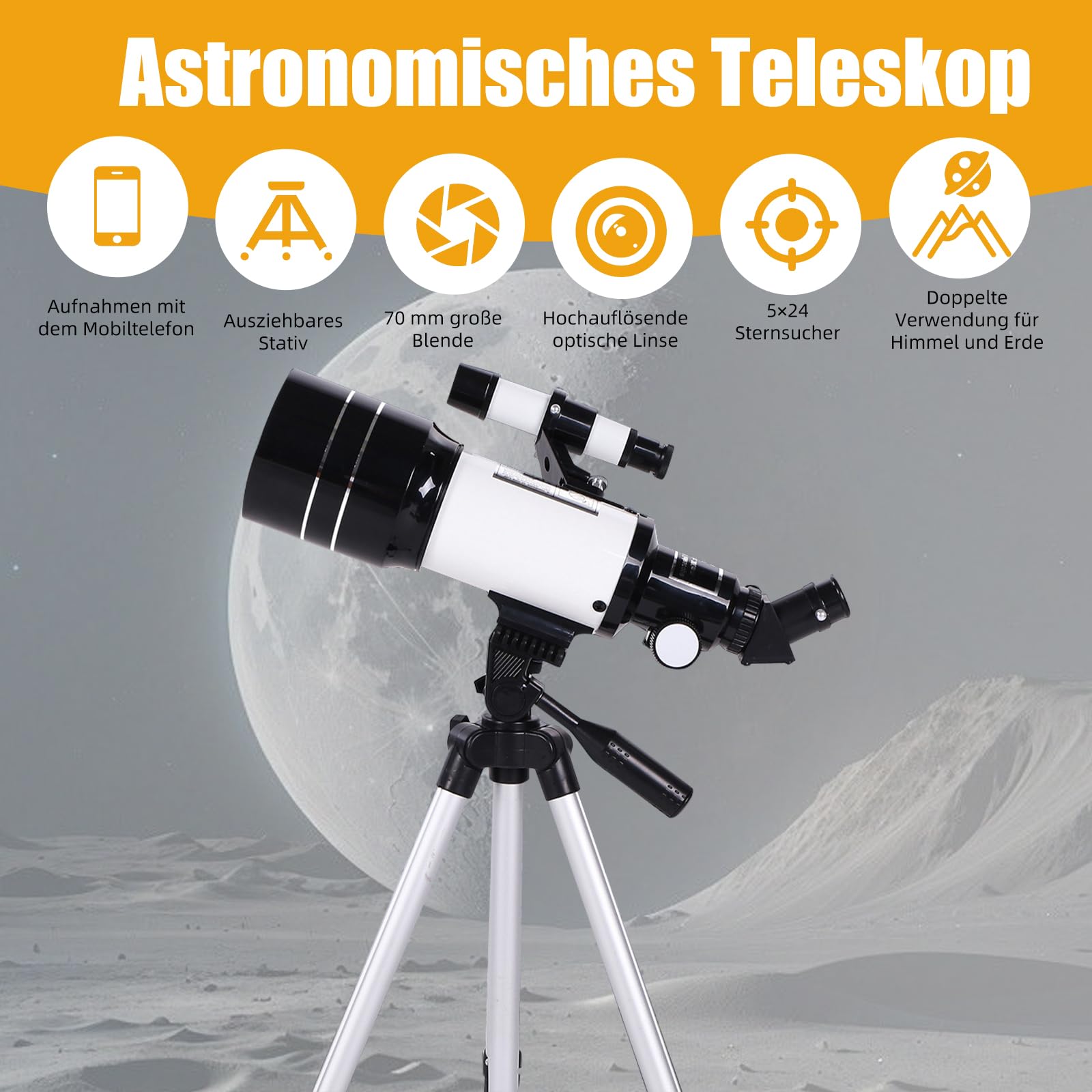 ACESOME Teleskop für Kinder & Einsteiger, 15x-150x astronomisches Refraktor-Teleskop, mit Ausziehbarem Stativ, Telefonhalterung, Mondfilter