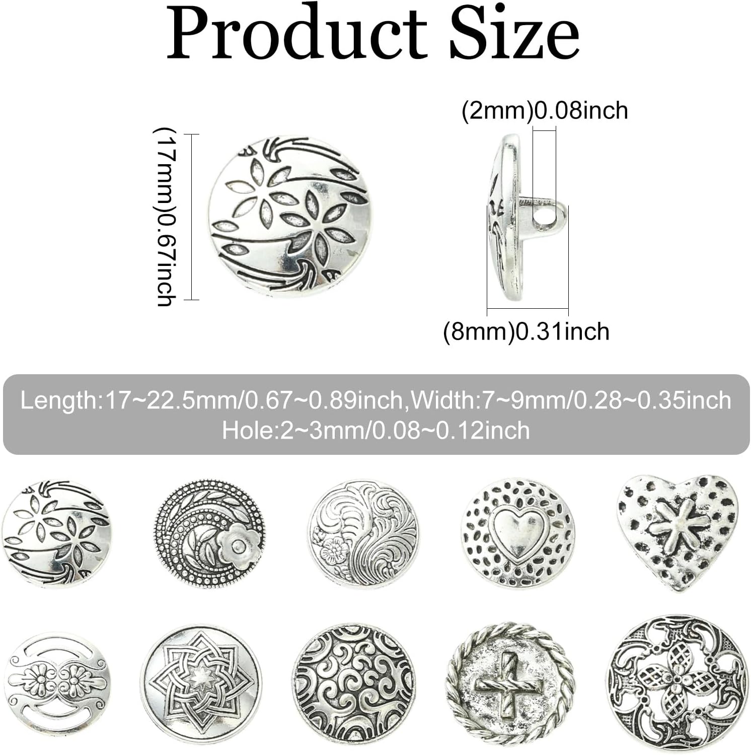 LiQunSweet 50 Pcs 10 Styles Antique Metal Shank Buttons 17-22.5mm Flower Round Cross Heart Shape Engraved Button Decorative Button for Women Men Clothes Sewing Crafts