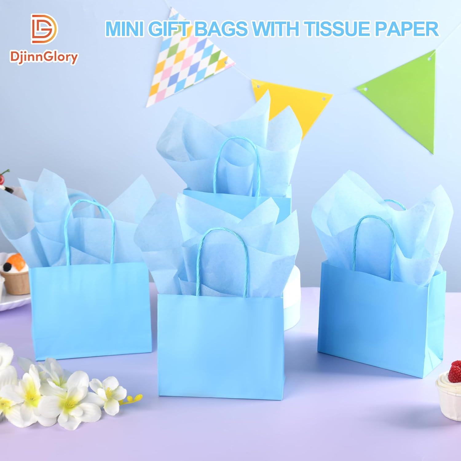 DjinnGlory 24 Pack Mini Tiny Blue Paper Gift Bags with Handles 6x5x2.5 Inch, Small Bags with Blue Tissue Paper for Baby Shower Party Favors, Treats, Goodies, Small Merchandises image 2