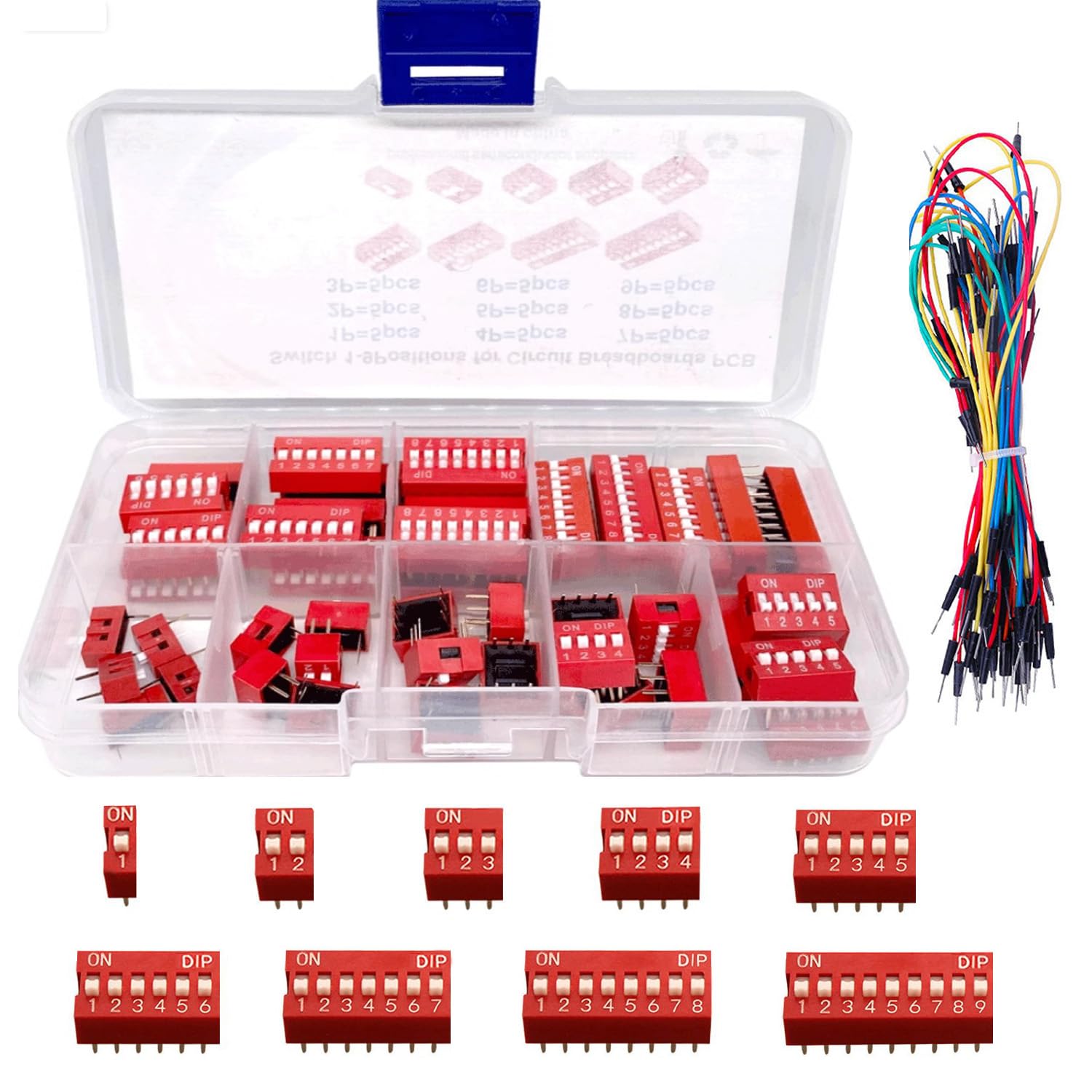 DAOKI 40PCS DIP Switch Assorted Kit Red 1 2 3 4 6 7 8 9 Position