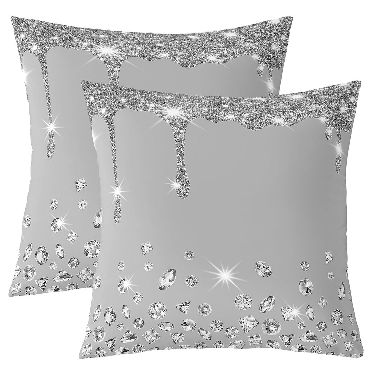 Loussiesd Set of 2 Diamond (No Diamond) Outdoor Throw Pillow Covers, Jewelry Grey Cushion Case for Home Living Room Decor, Reversible Bling Party Decorative Throw Cushion Case, 60x60cm