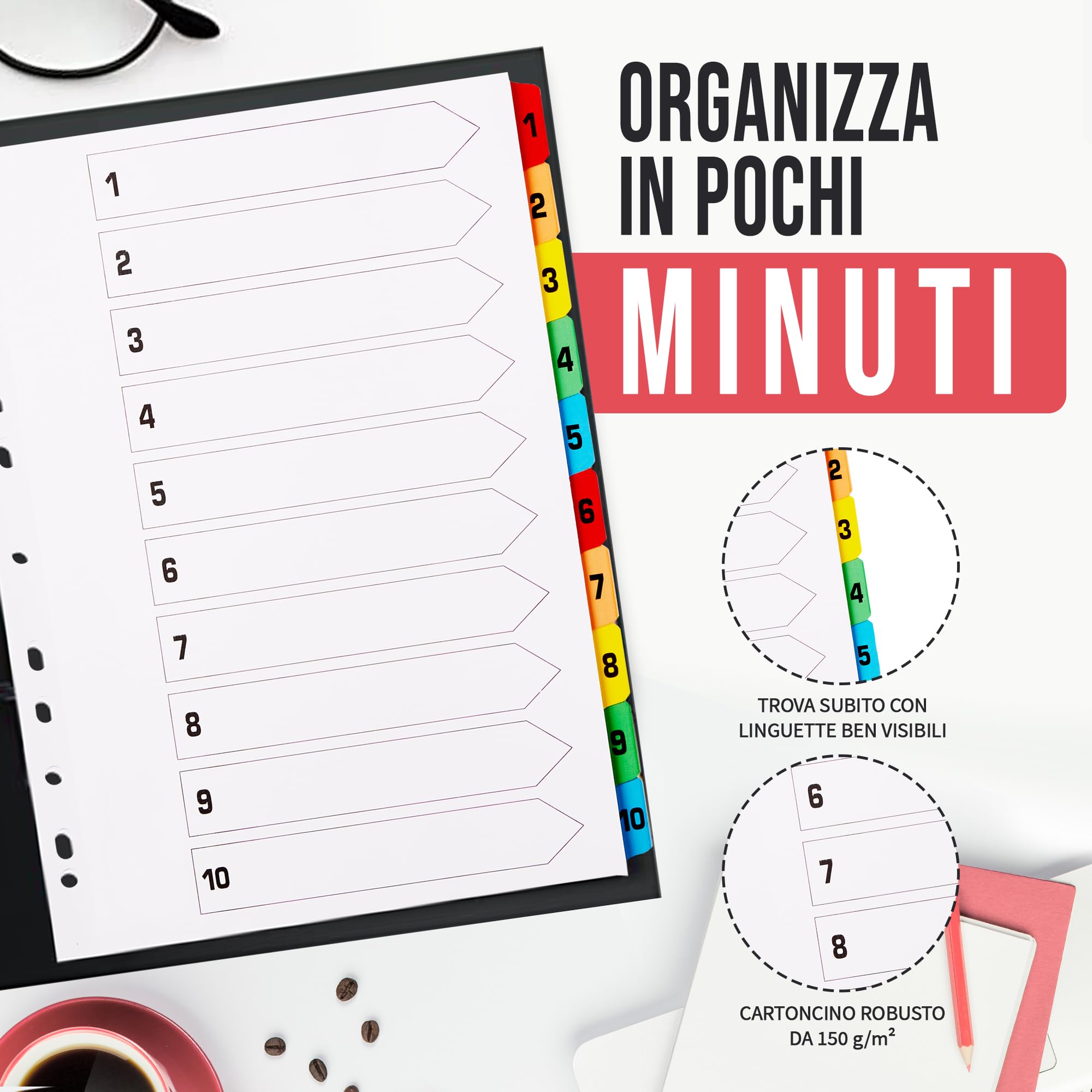 Divisori numerati A4 1-10, linguette numerate con indice numerico, 10 pezzi, divisori per raccoglitori ad anelli e raccoglitori a leva, divisori per oggetti (confezione da 25)