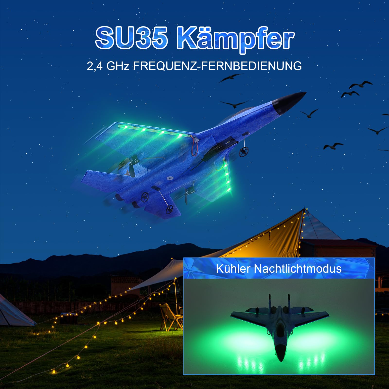Henakmsl RC Flugzeug 2CH Ferngesteuerter SU35 Kämpfer 2.4GHz RC Flugzeug RTF für Anfänger, Kinder und Erwachsene, FX620 Flugzeug Spielzeug mit Farbigen Lichtern USB-Aufladung Blau