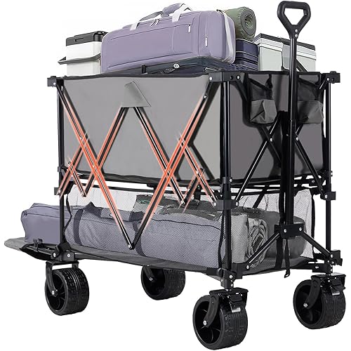 NEWBULIG Large Capacity Folding Double Decker Wagon with Brakes, 440lbs Wagons Carts Foldable Wagon Cart with Flexible Handle, All-Terrain Big Wheels for Grocery Sports Garden Camping
