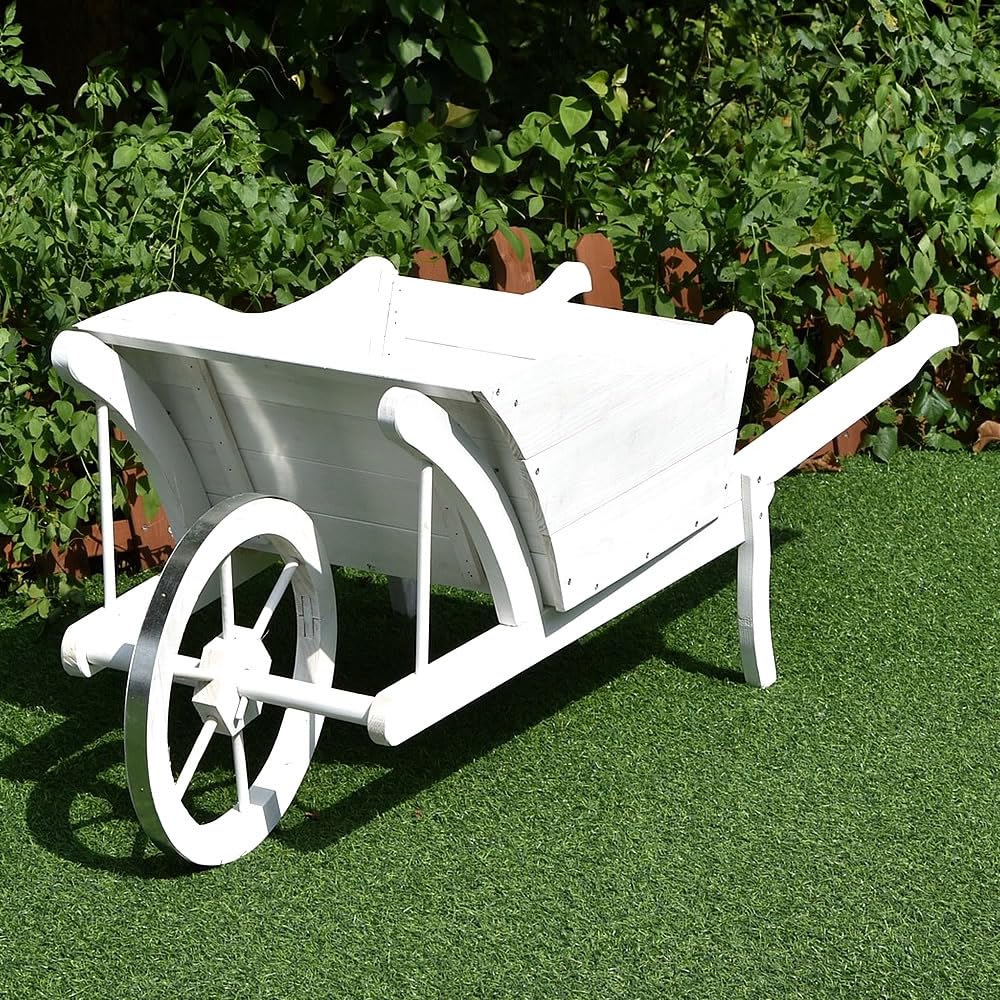 Mucola Pflanzschubkarre Blumenschubkarre Holz Deko 129x45x43 cm Weiß | und UV-beständig vorbehandelt, geräumige Ladefläche für Blumentöpfe und Kräuter, Blickfang für Terrasse und Balkon