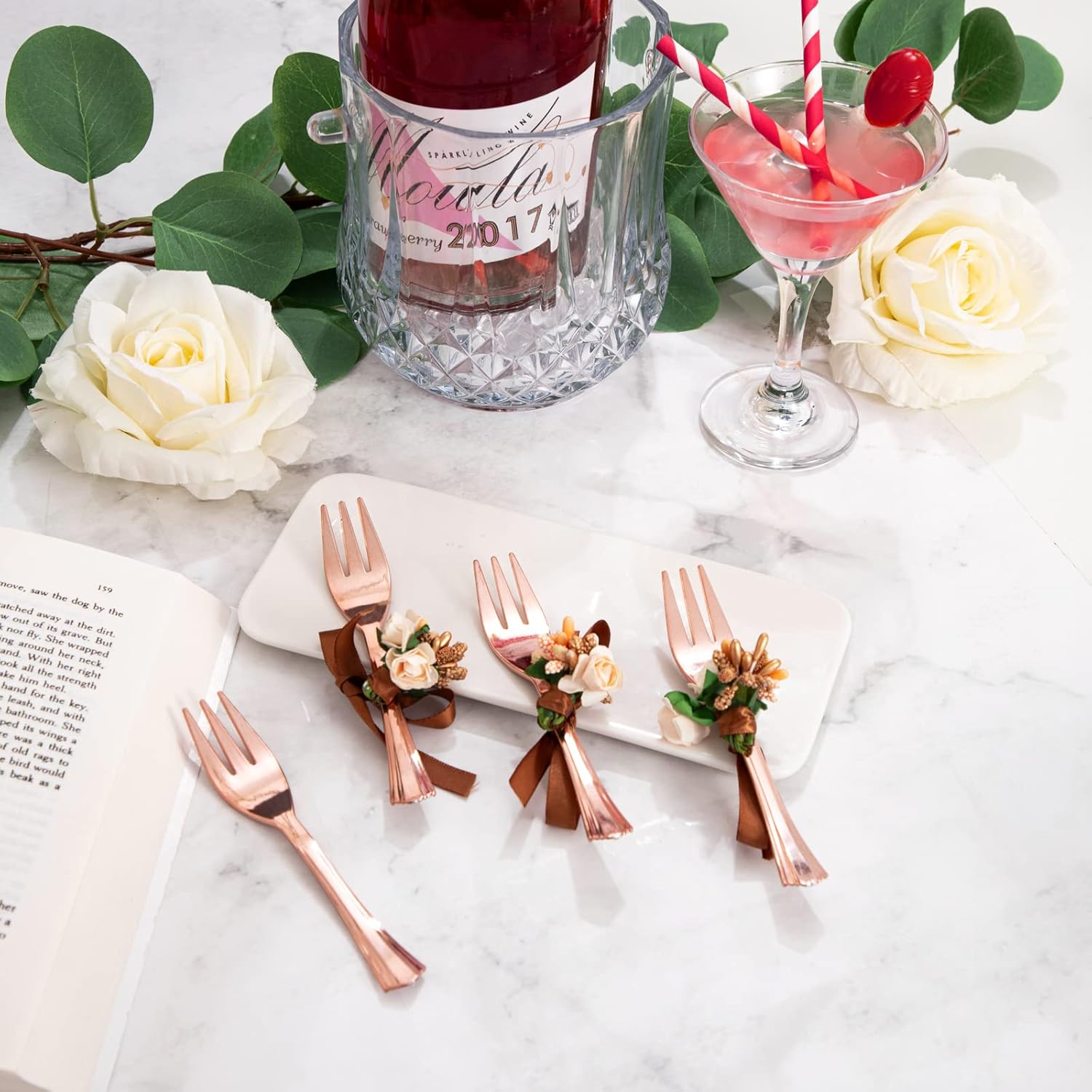 WDF 86pcs Rose Gold Dessert Plates 6" with 86 Pieces Disposable Forks 5", Elegant Square Appetizer Small Plastic Plates for Mother's Day, Wedding