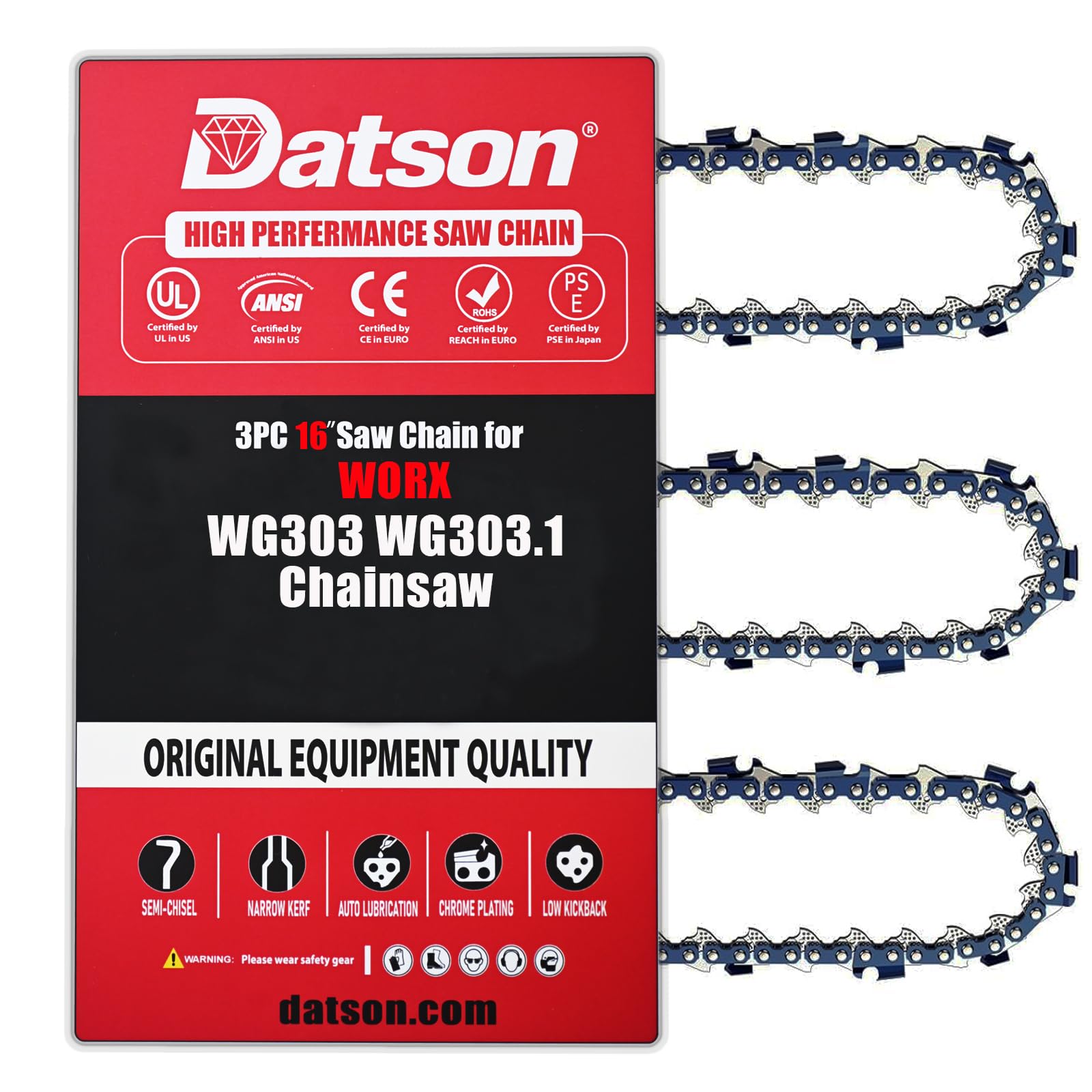 3 cadenas de motosierra de 16 pulgadas para motosierra WORX WG303 WG303.1, cadena de repuesto de 16 pulgadas para motosierra Bauer 20112E-B
