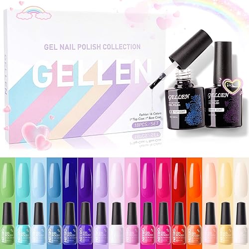 Gellen Kit de esmalte de uñas de gel, juego de 16 colores de gel arcoíris con capas base y superior, color rosa intenso, juego de esmalte de uñas de