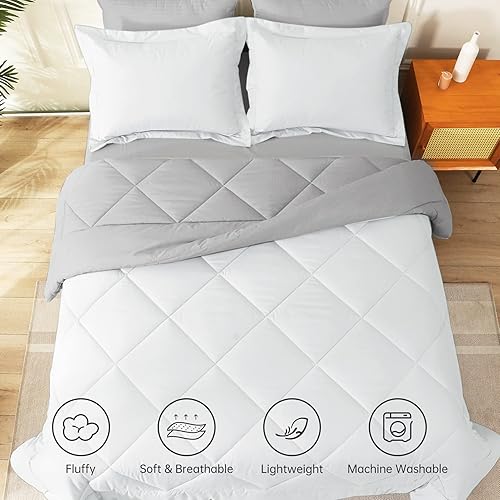 Miniatura 9 de JOLLYVOGUE Juego de edredón tamaño Queen color blancogris claro, juego de cama reversible en una bolsa para todas las estaciones, juego de cama de 3