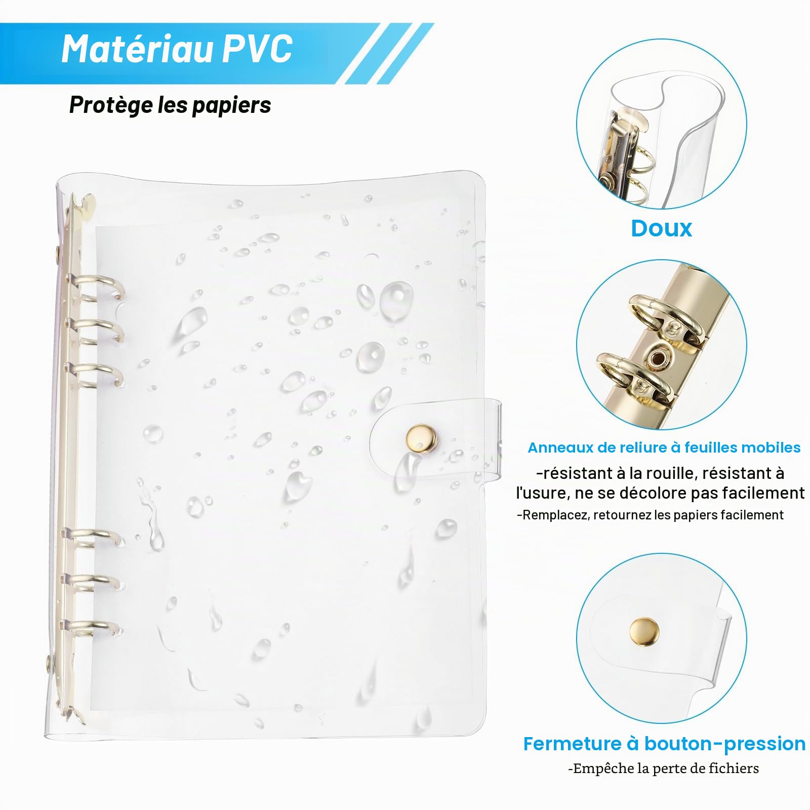 PATIKIL Couverture de Classeur Transparente A5, Protège-Cahier en Pvc Souple avec Bouton-Pression, 6 Anneaux Dorés pour Cahier de Réunion DIY, Transparent