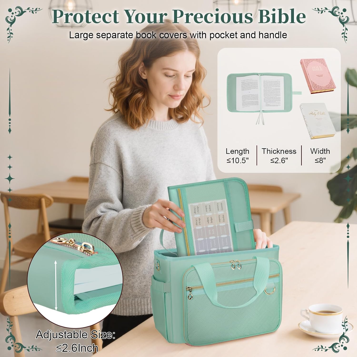 Large Bible Cover Case for Women, Bible Cover with Book Sleeve, Thick Padded Bible Case, Working Bible Tote Bag with Laptop and Bottle Pockets, Church Bag, Bible Bags for Women, Girl, Green - Image 2