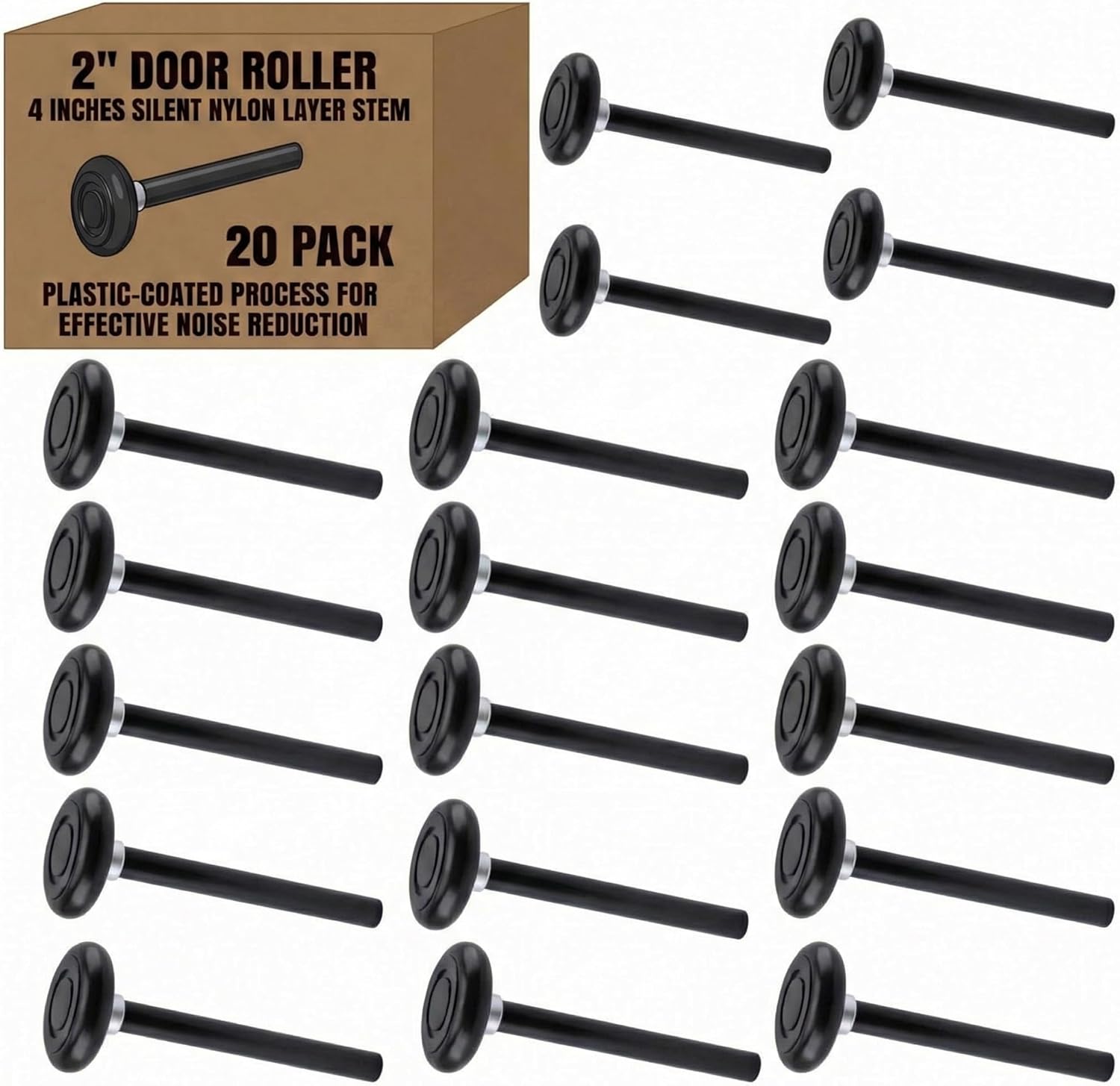 20-Pack 4" Stem Black Quiet Garage Door Rollers, Sealed End Cap, Fits 2" Track, 7/16" Stem (4.3" Length), Carbon Steel Stem with Nylon Overmold + Reinforced Nylon Wheel, Smooth & Low-Vibration