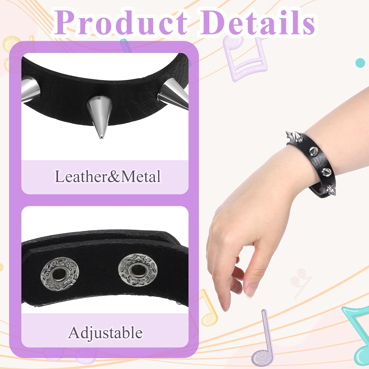 2 PCS Punk Rock Spike Bracelet, Adjustable Studded Bracelet Leather Cuff Bracelets Black Leather Studded Punk Emo Bracelets Gothic Jewelry for 80s 90s Vintage Womens Men - Image 3