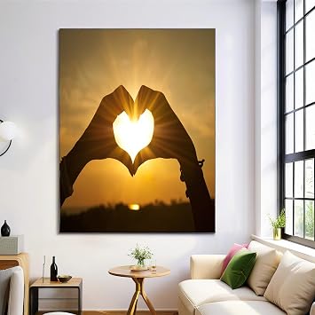 Heart Shaped Hand Sign Posters Decorative Painting Canvas Wall Art Sunset Landscape Decorative Posters, Mustard Yellow Living Room Decor Wall Pictures 24X35In 60X80Cm
