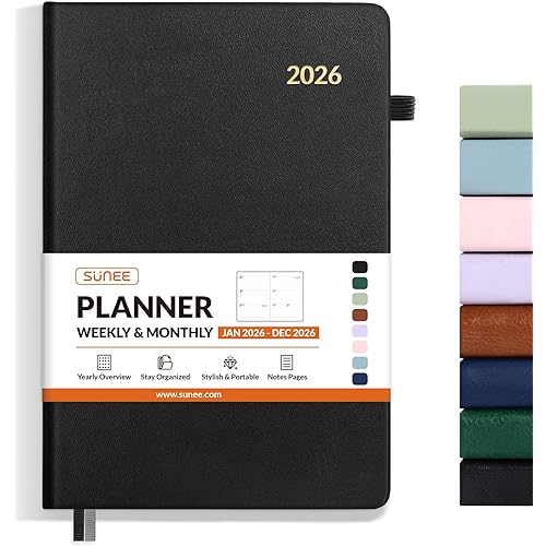SUNEE 2026 Weekly & Monthly Hardcover Planner 5.5" x 8.3" - 12 Month (January 2026 - December 2026), Small Hardcover Planner, Pocket, Notes, 100 GSM Paper, Black