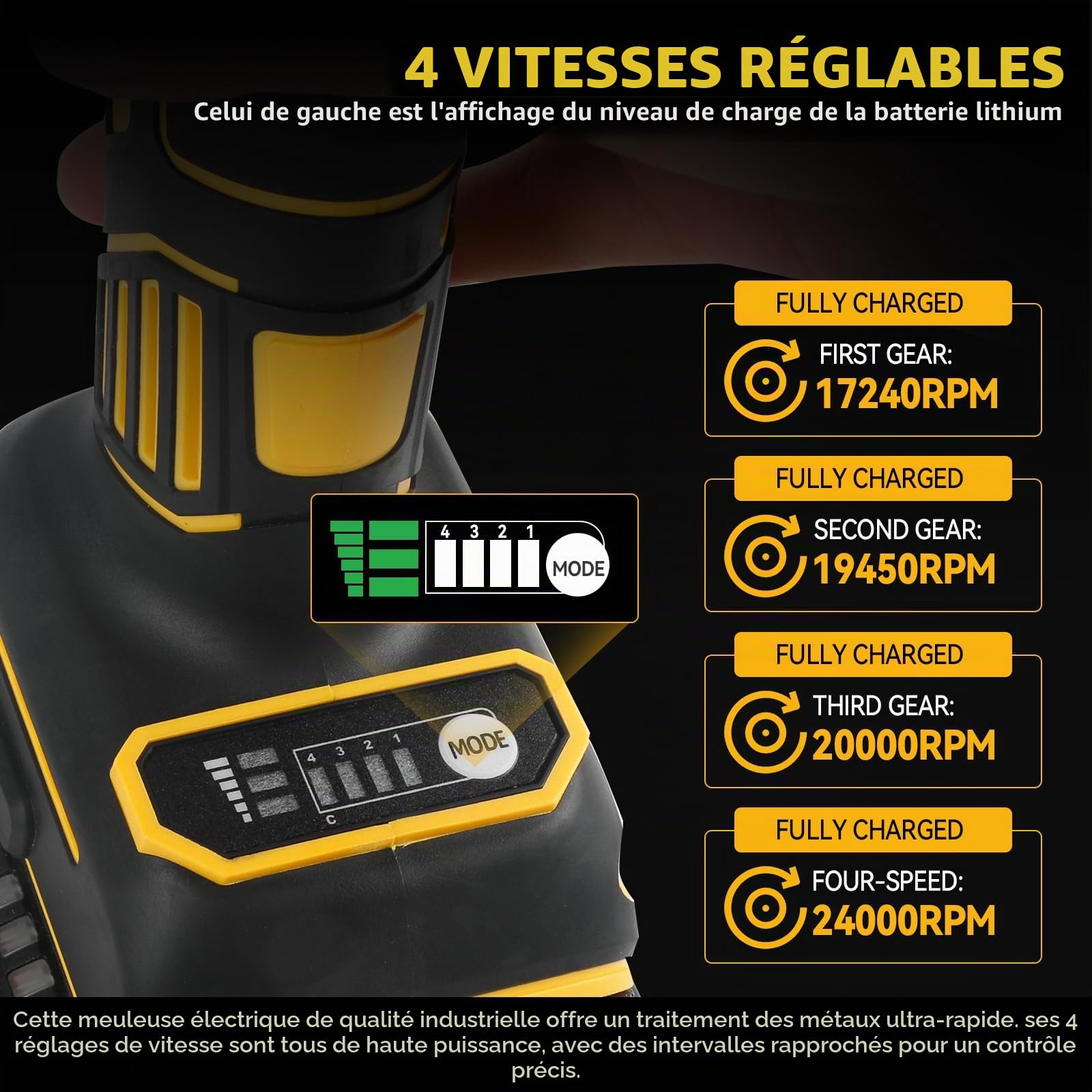 Meuleuse droite à batterie, ponceuse droite professionnelle, 4 vitesses variables pour ponçage, polissage, gravure (sans batterie) (compatible avec DeWalt)