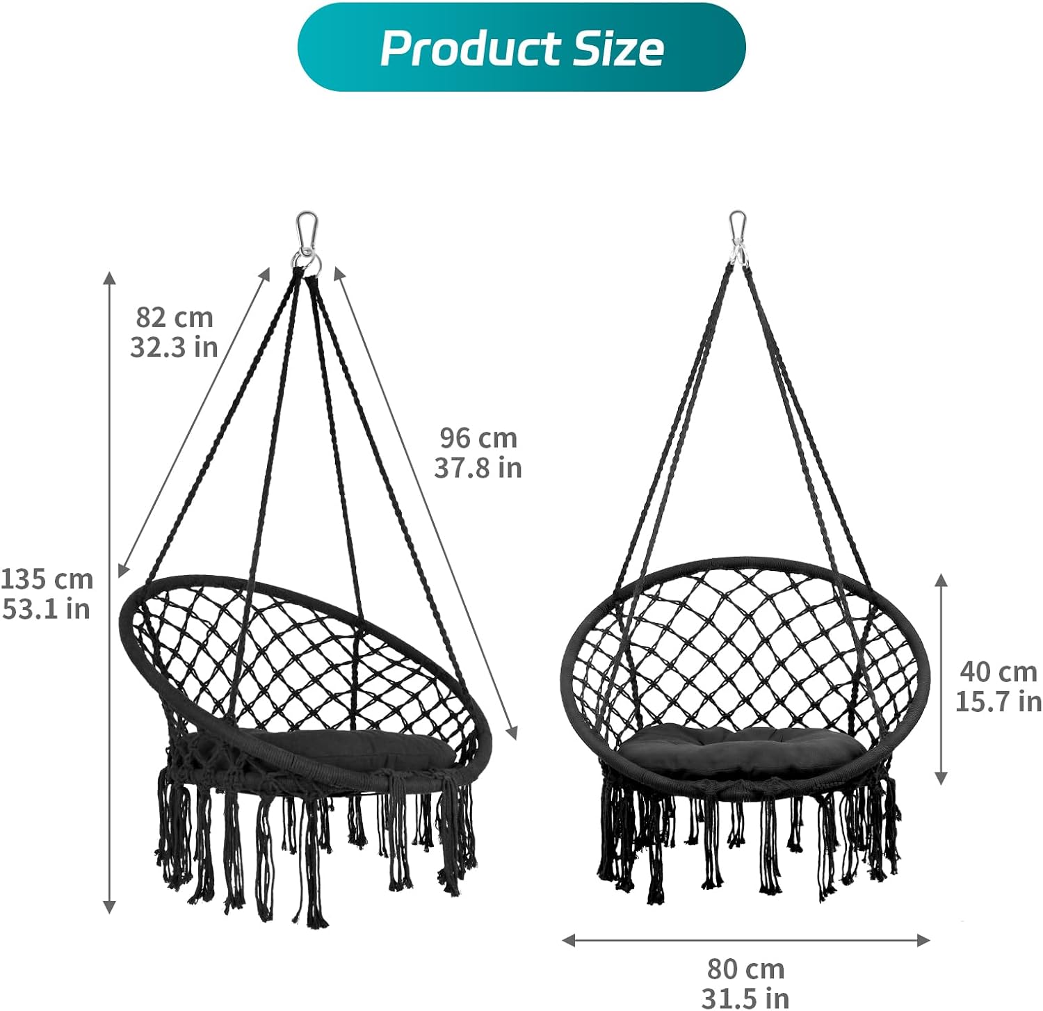 Cotton Rope Handwoven Hanging Chair, Hammock Chair, Max 330 Lbs, Handmade Knitted Mesh Rope Swing Chair for, Bedroom, Patio, Yard, Garden