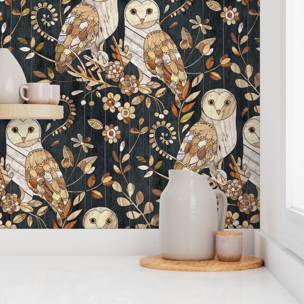 Peel & Stick Wallpaper 3ft x 2ft - Barn Owl Collage Large Owls Wood Nature Night Modern Farmhouse Custom Removable Wallpaper by Spoonflower