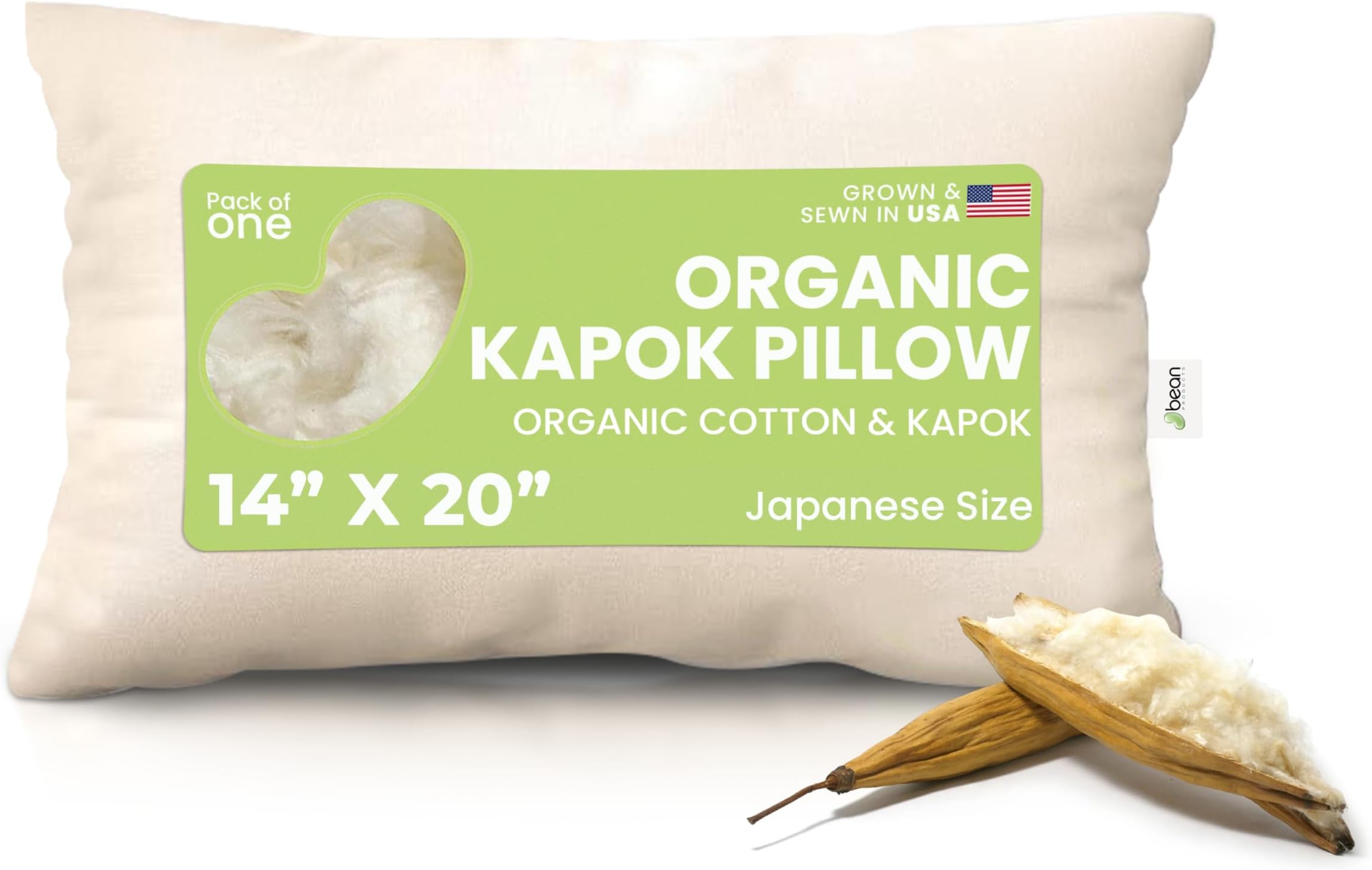 Bean Products Japanese Organic Kapok Pillow 14" X 20" Organic Cotton Zippered Shell JAPANESE - 14 x 20 Natural