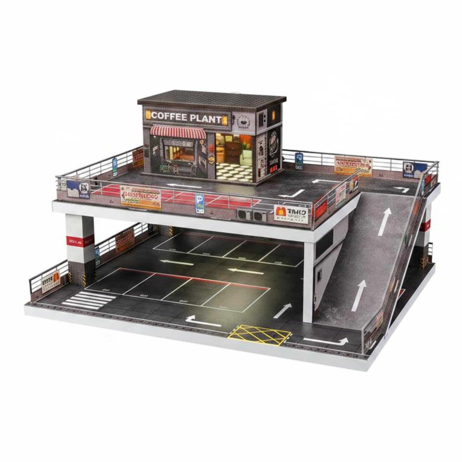 Gralara Garage Modellino 1:64 Scena Realistica Diorama Garage 1:64 Dettagli Accurati Parcheggio a Due Livelli per Collezionisti, Modellisti, Esposizione, Coffee Shop