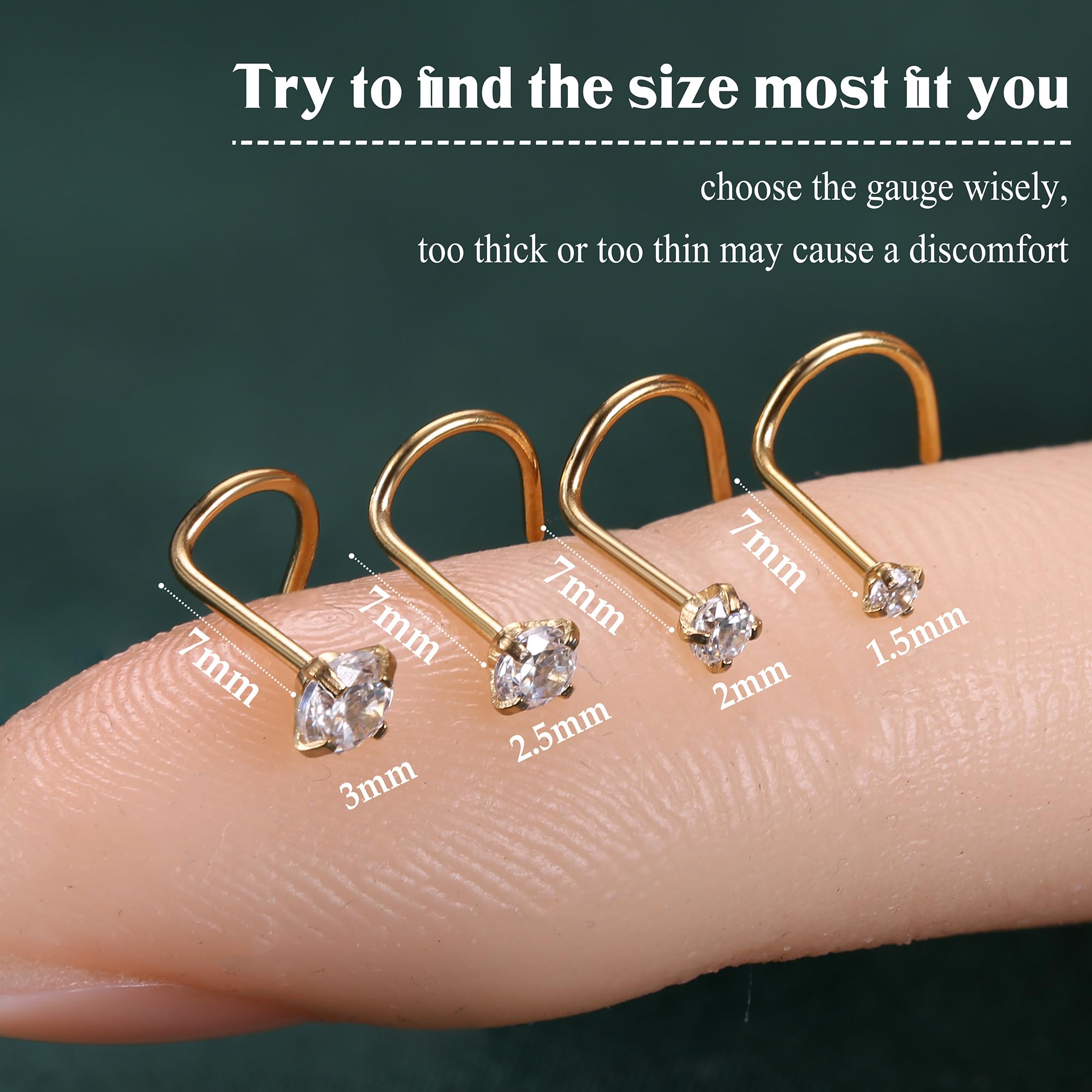 ZXLIHS 4 ück 14 Karat Gold gefüllter Nasenring, 20 g, 1,5–3 mm runder CZ-Nasenstecker, Piercing-Schmuck, L-förmige Schraube