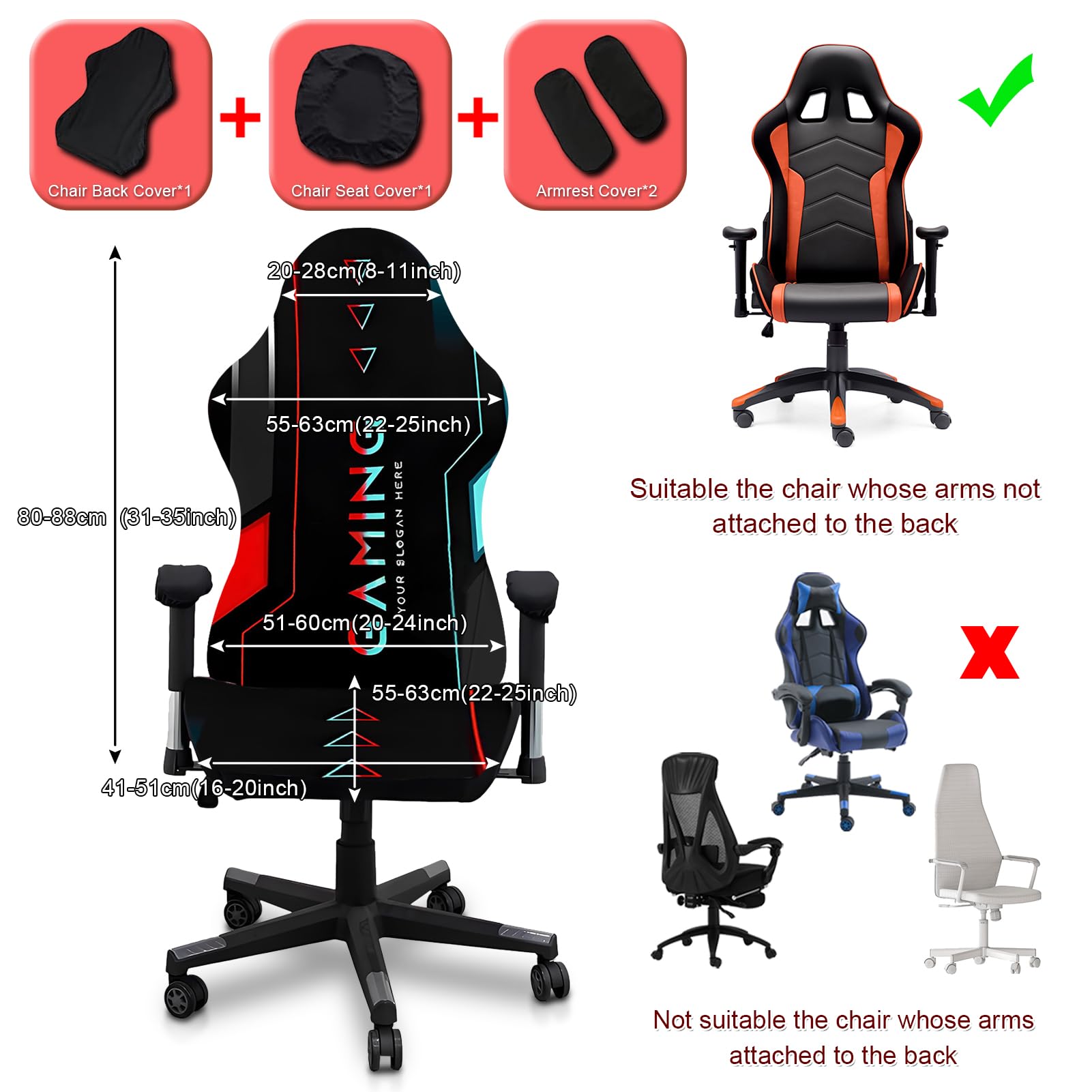 Gaming stoel, 4 stuks, hoes voor gamingstoel, armleuningen, bureaustoel, elastische gamingstoelhoes, geschikt voor gamingstoelen, draaistoelen, zwart