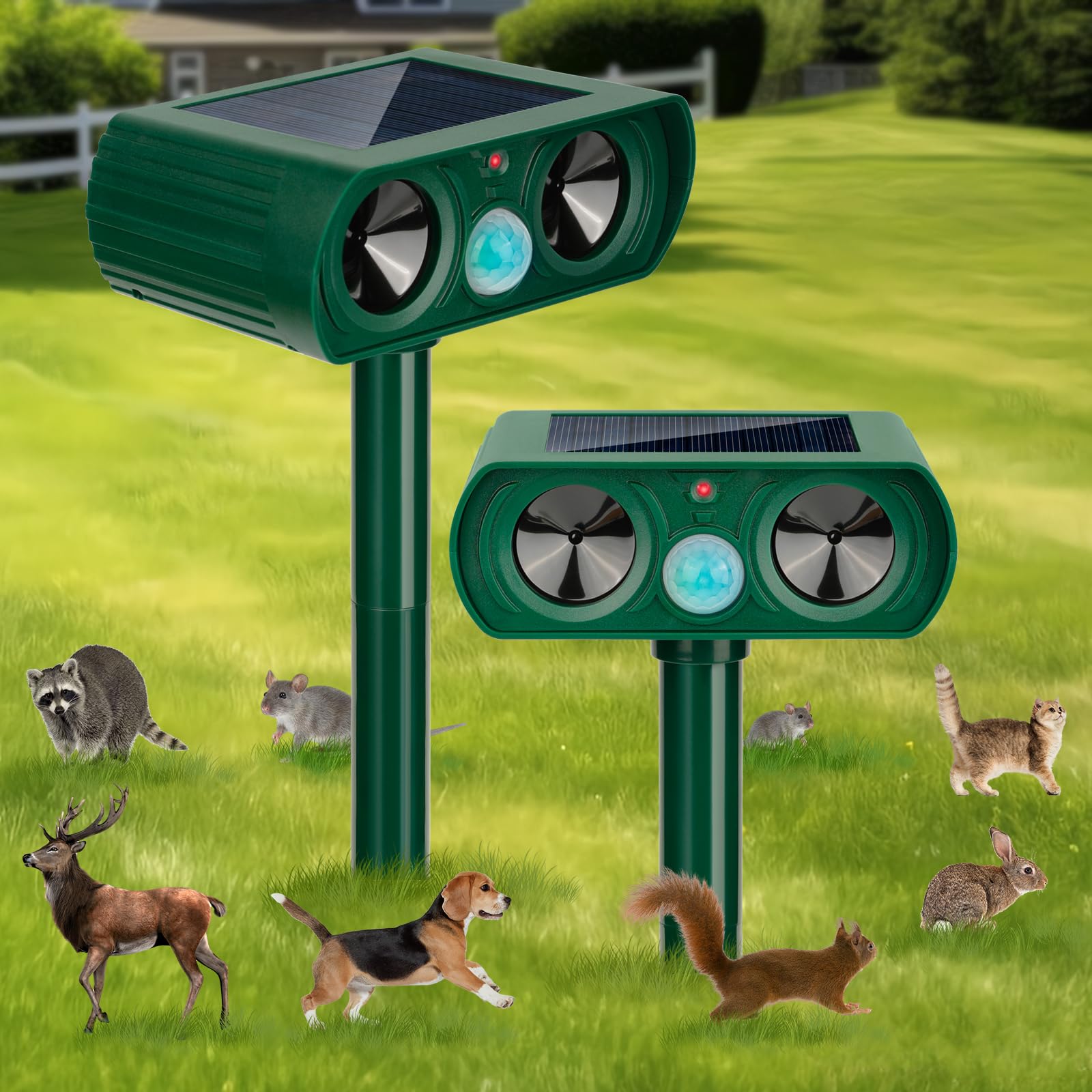 LRENQLLY2 Pack 2024 Solar Ultrasonic in Repellent Defender Rat, Squirrel, Deer, Raccoon, Skunk, Rabbit, Mole, Dog, Cat, Waterproof with Motion Detector