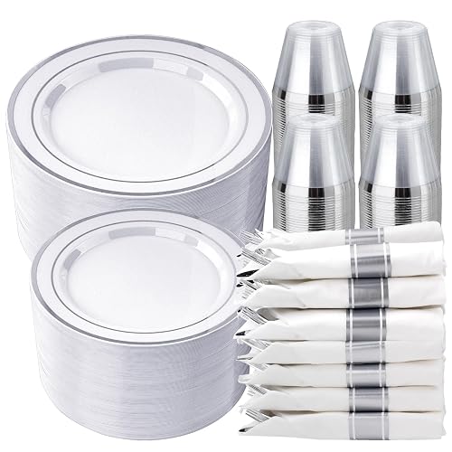 realluck 350 PCS White and Silver Plastic Dinnerware Set for