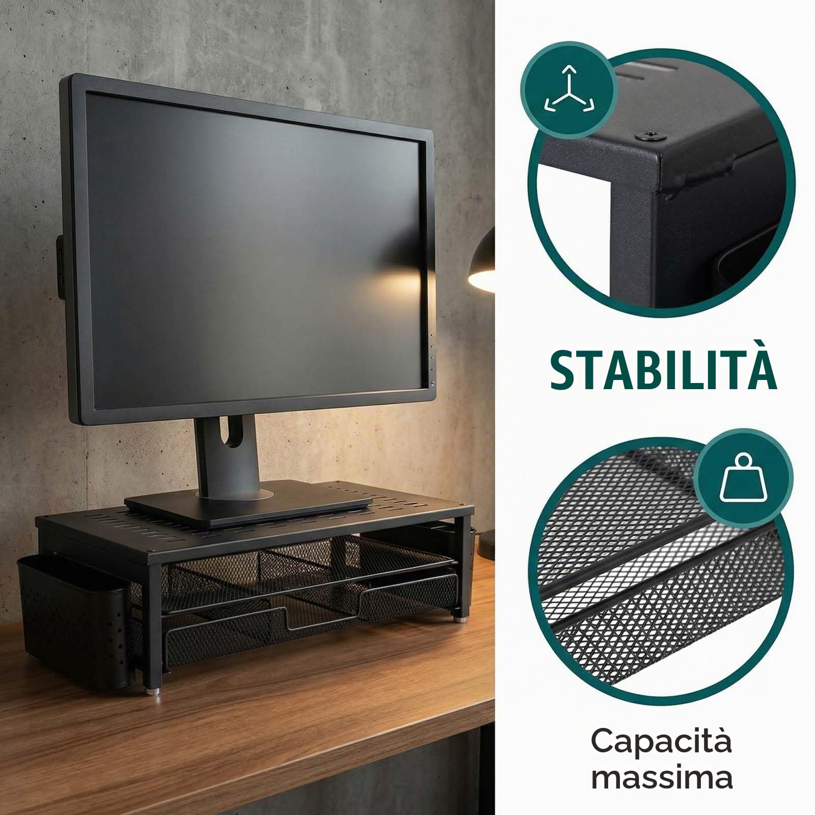 Alzaschermo con Cassetto e 2 Portapenne – Organizzatore da Scrivania Ergonomico per Monitor e Laptop, Supporto per Accessori Ufficio e Sistema di Archiviazione per Home Office