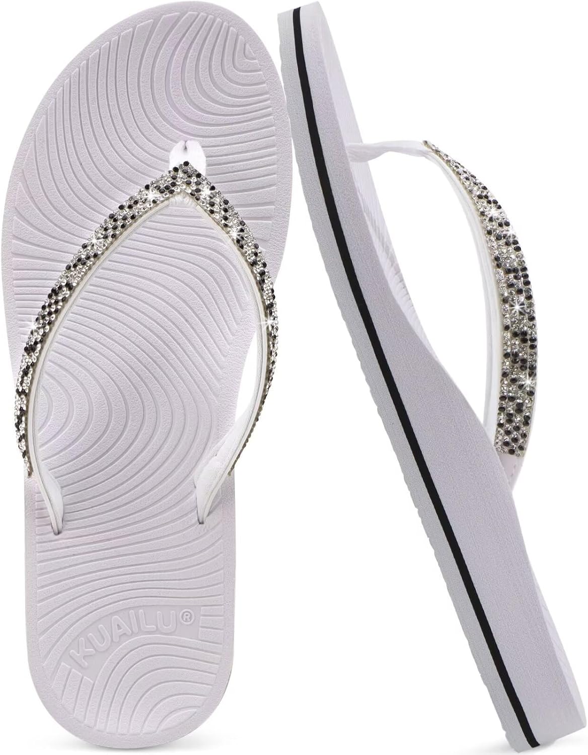 KuaiLu Women's Rhinestone Flip Flops with Comfort Arch Support Yoga Mat Cushion Sandals Fashion Summer Beach Travel Orthotic Walking Thong Sandles Slip on Plantar Fasciitis Indoor Outdoor Shoes
