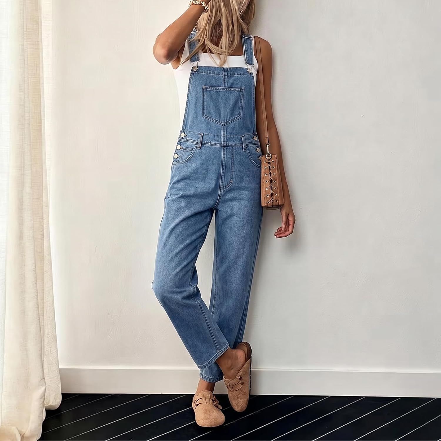 Womens Bib Overalls Blue Jean Jumpsuits Adjustable Straps Stretch Denim Long Pants Multiple Pockets Casual