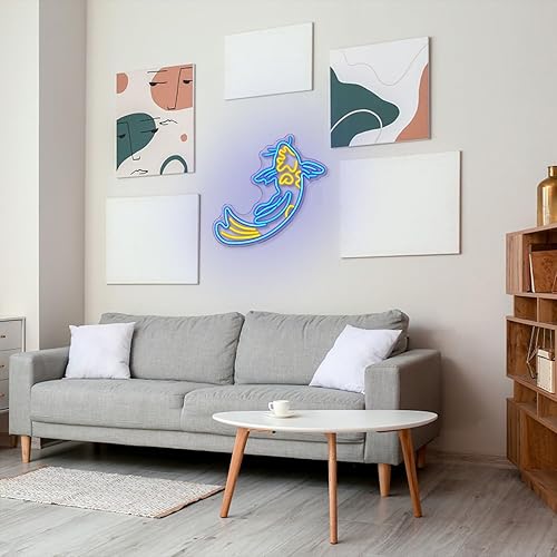 Miniatura 6 de Koi Fish - Letrero de neón con luces LED de pez japonés, azul neón, amarillo, para decoración de pared, de 17 x 9.5 pulgadas, con USBinterruptor,
