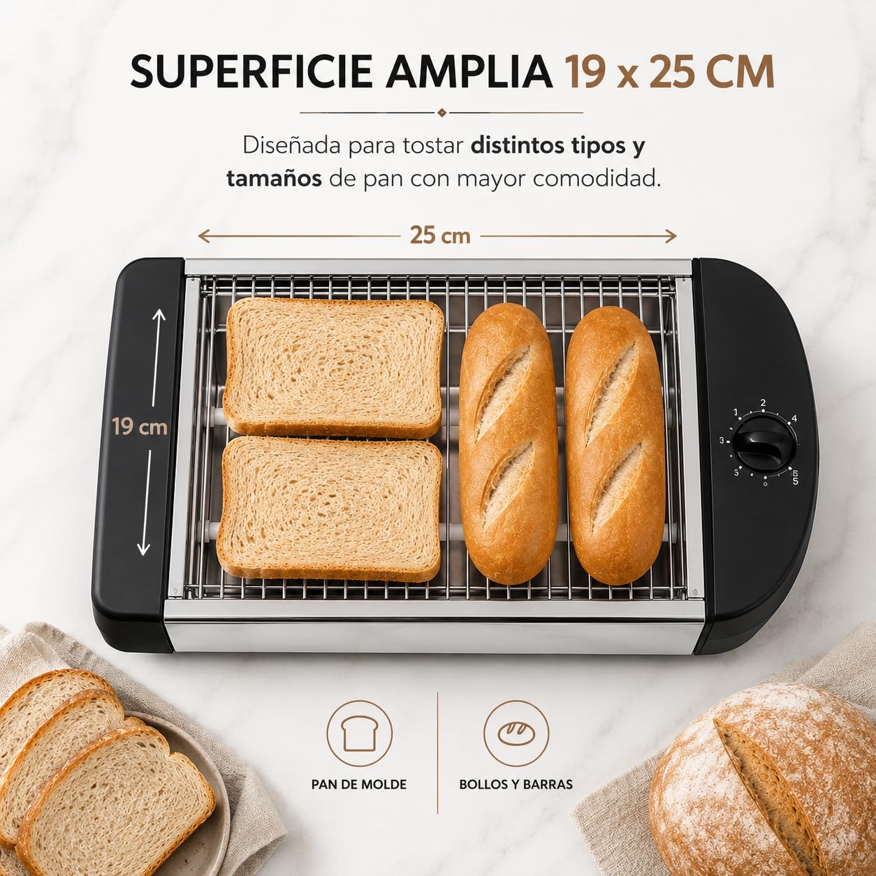 Tostadora de Pan Horizontal 600 W, 2 Resistencias de Cuarzo y 6 Niveles