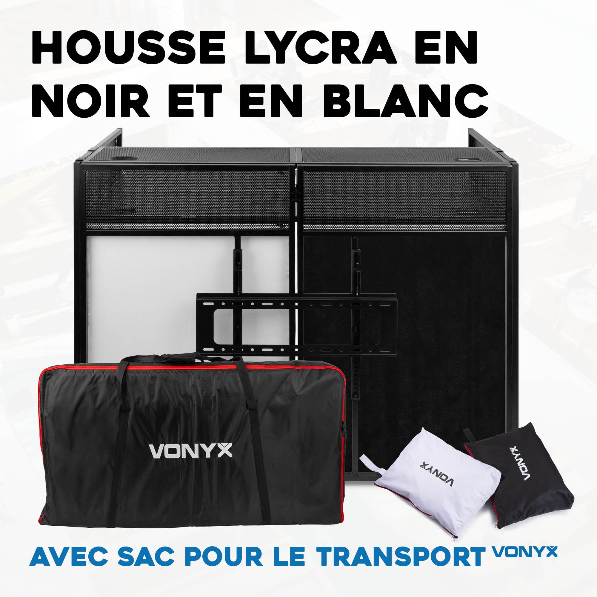 VONYX DB6 Pro Cabine DJ avec Support TV - Jusqu'à 25 Kg, Écran 65'', Lycra Blanc ou Noir Inclus, Sac de Transport, Un Système Complet et Idéal pour Les DJs Professionnels, DJs Mobiles