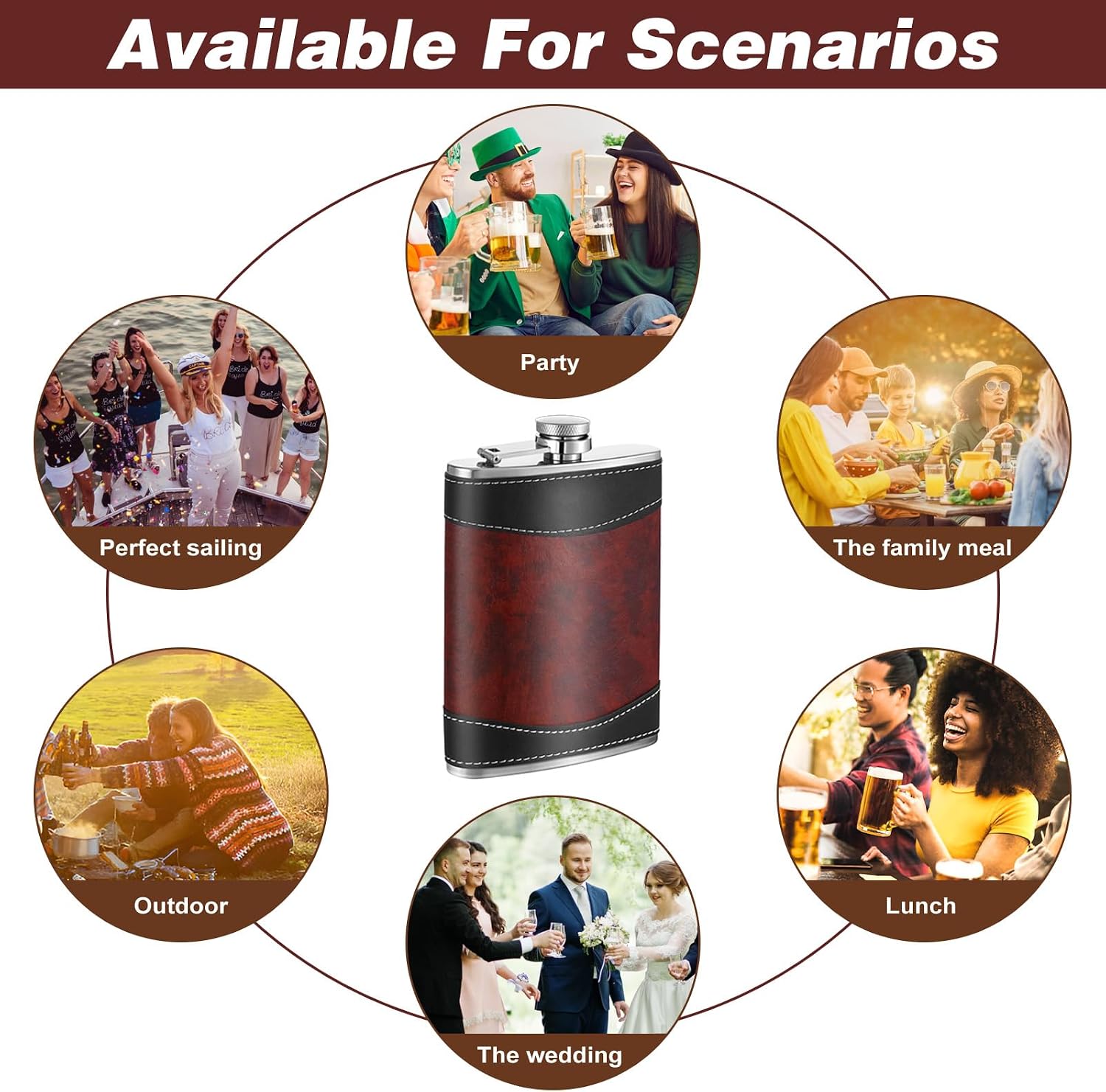 6 Pack Leather Hip Flasks for Men, 8 oz Leak Proof Stainless Steel Drinking Flasks with Funnel, Soft Wrap Whiskey Vessels for Wedding Gifts, Brown