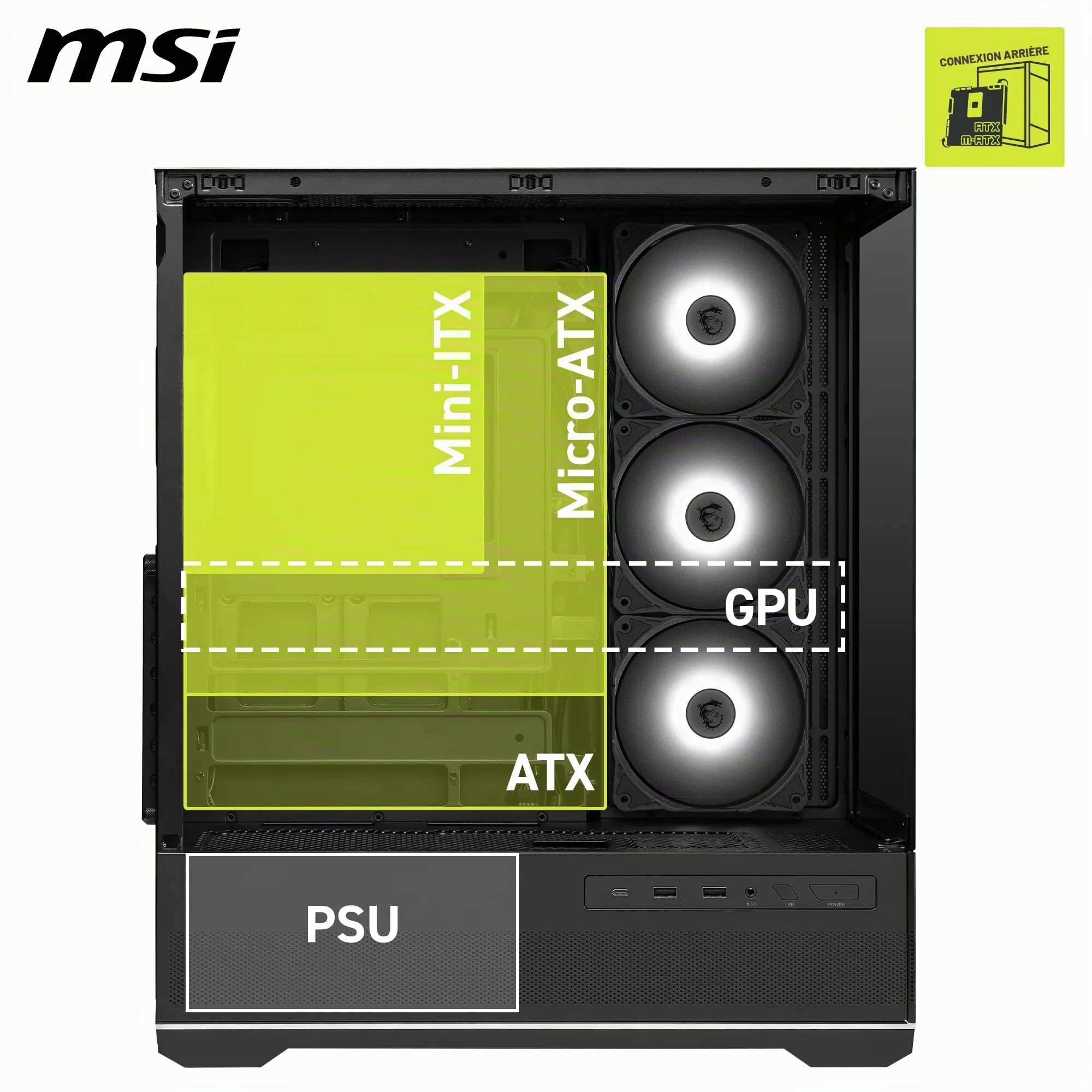 MSI MAG PANO 110R PZ Boîtier PC Moyen Tour - Compatible avec Les GPU de 400 mm de Long, filtres à poussière, USB Type-C 20 GB/s, Compatible Cartes mères ATX et Micro ATX à connecteurs arrière
