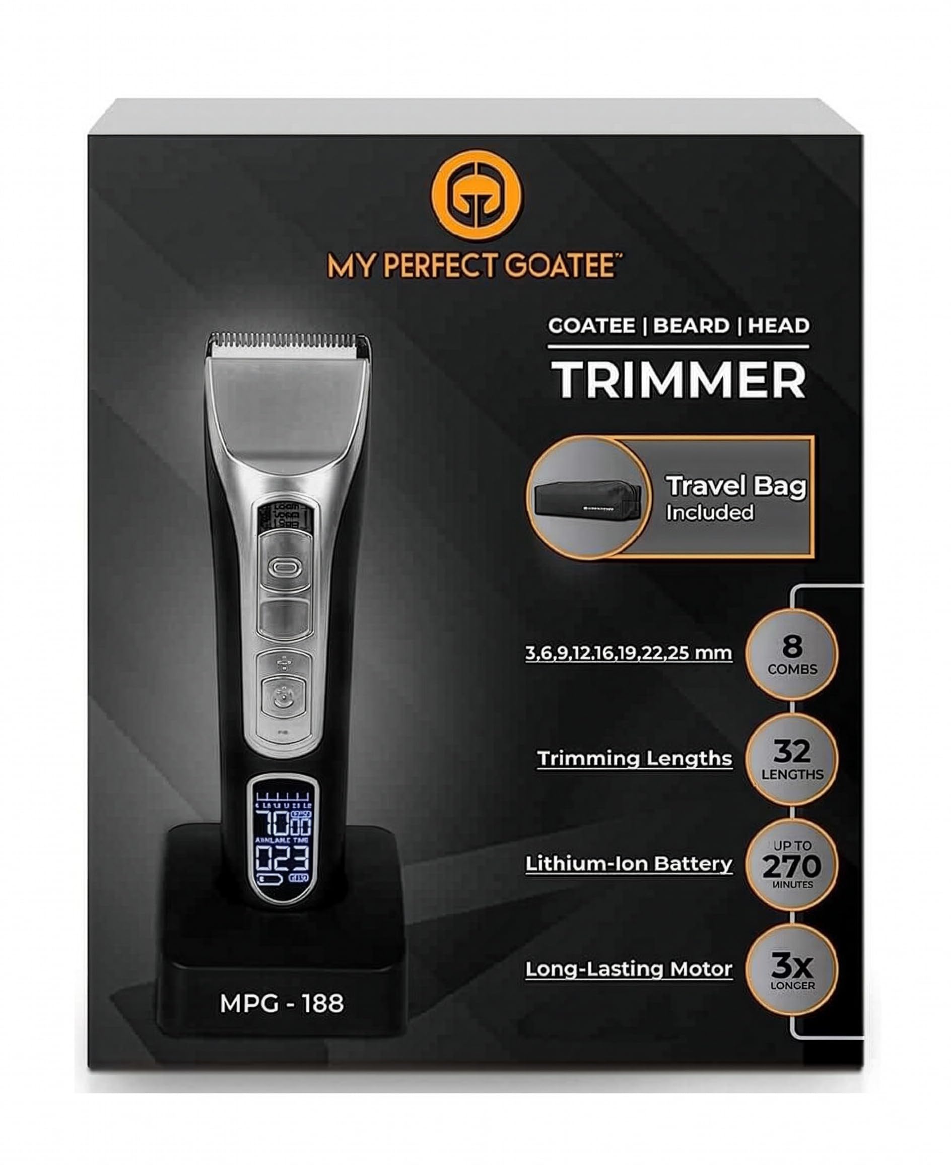 Professional Beard Trimmer for Men - 36 Precision Lengths 1-26.9mm - 7000 RPM Motor - Waterproof Cordless Hair Clipper - Ultra Sharp Stainless Steel Blades - Travel Bag | My Perfect Goatee