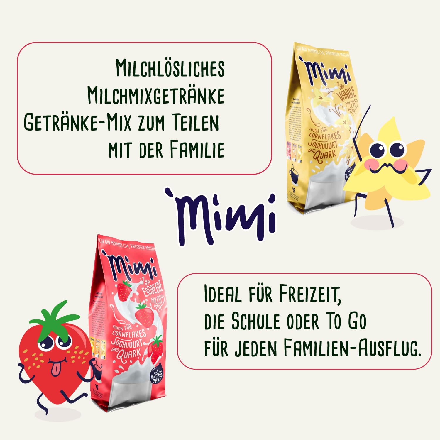 Mimi, confezione da 8 pezzi, mix di latte e bevande in polvere (2 confezioni da 400 g), banana, fragola, mango, vaniglia, confezione conveniente, ideale per il tempo libero, la scuola o per andare in