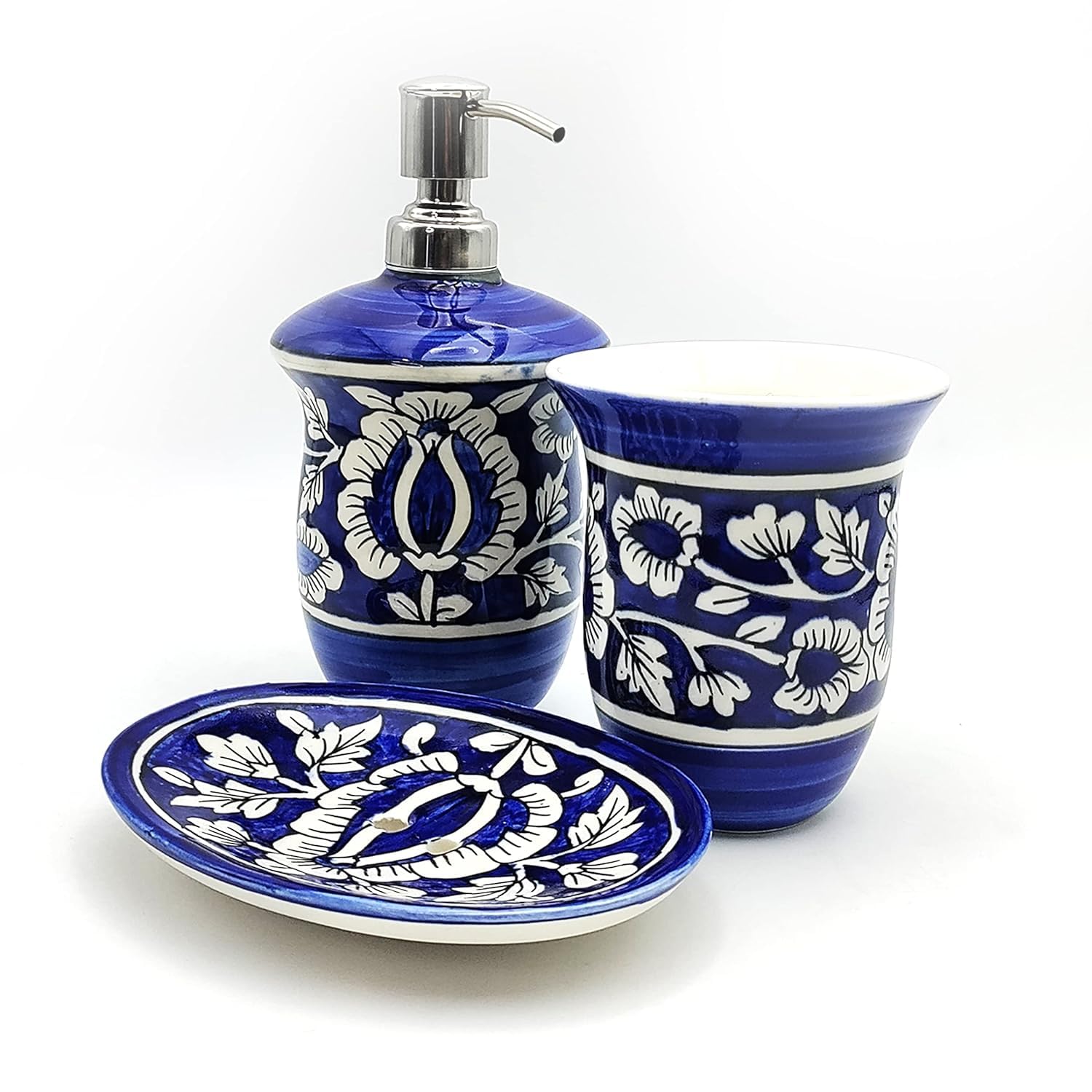 SPHINX Ceramic Bathroom Accessories Set, Bath Set of 3 Pieces - 1 Soap/shower gel dispenser, 1 soap dish and 1 toothbrush, comb holder for bathroom decor, gifting- (Mughal Blue Pottery)