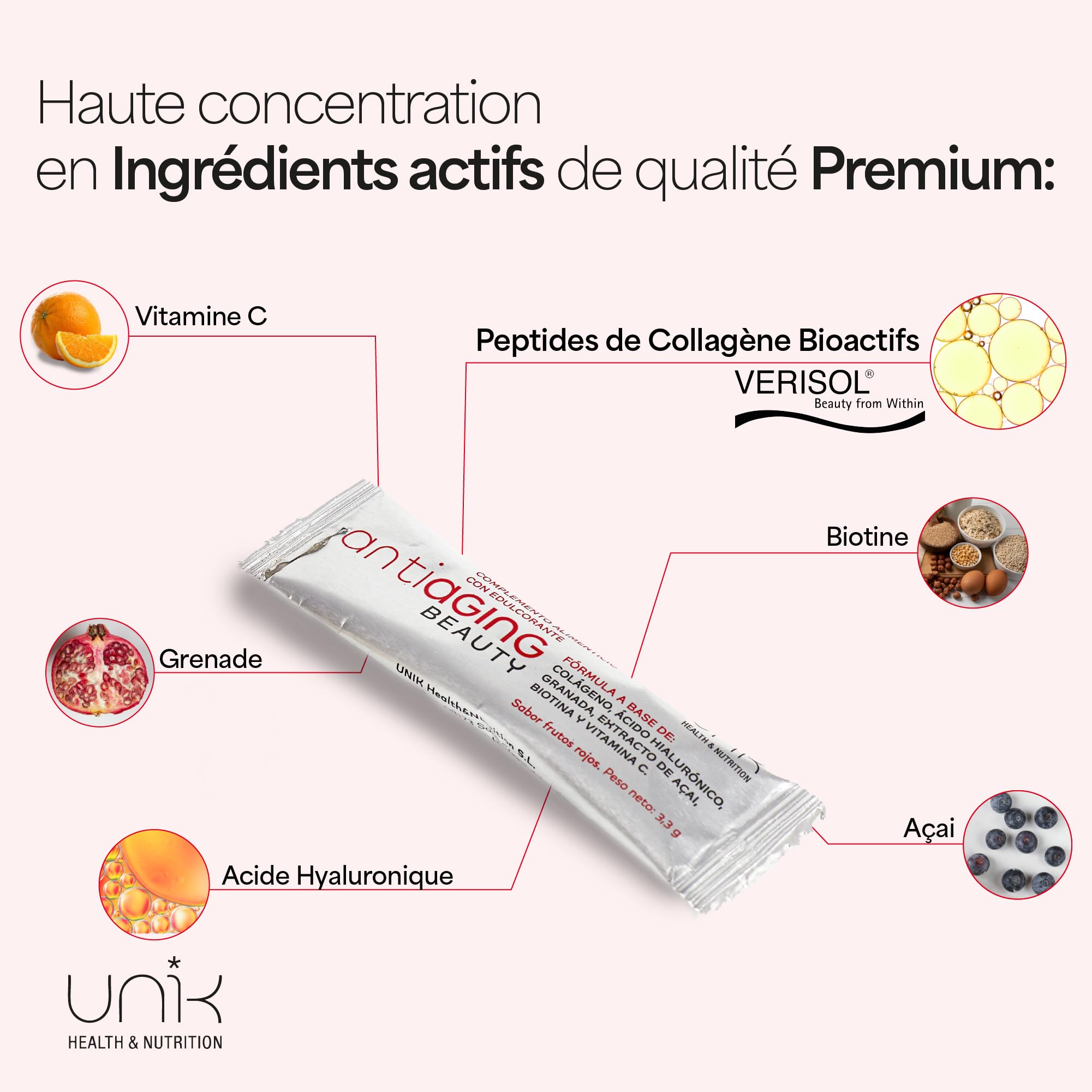Colágeno Verisol con Ácido Hialurónico + Biotina + Granada y Açai 30 Sticks Antiaging Beauty Sabor Frutos Rojos Suplemento Natural para Piel Firme Sin Arrugas Cabello Saludable y Uñas Fuertes (1)