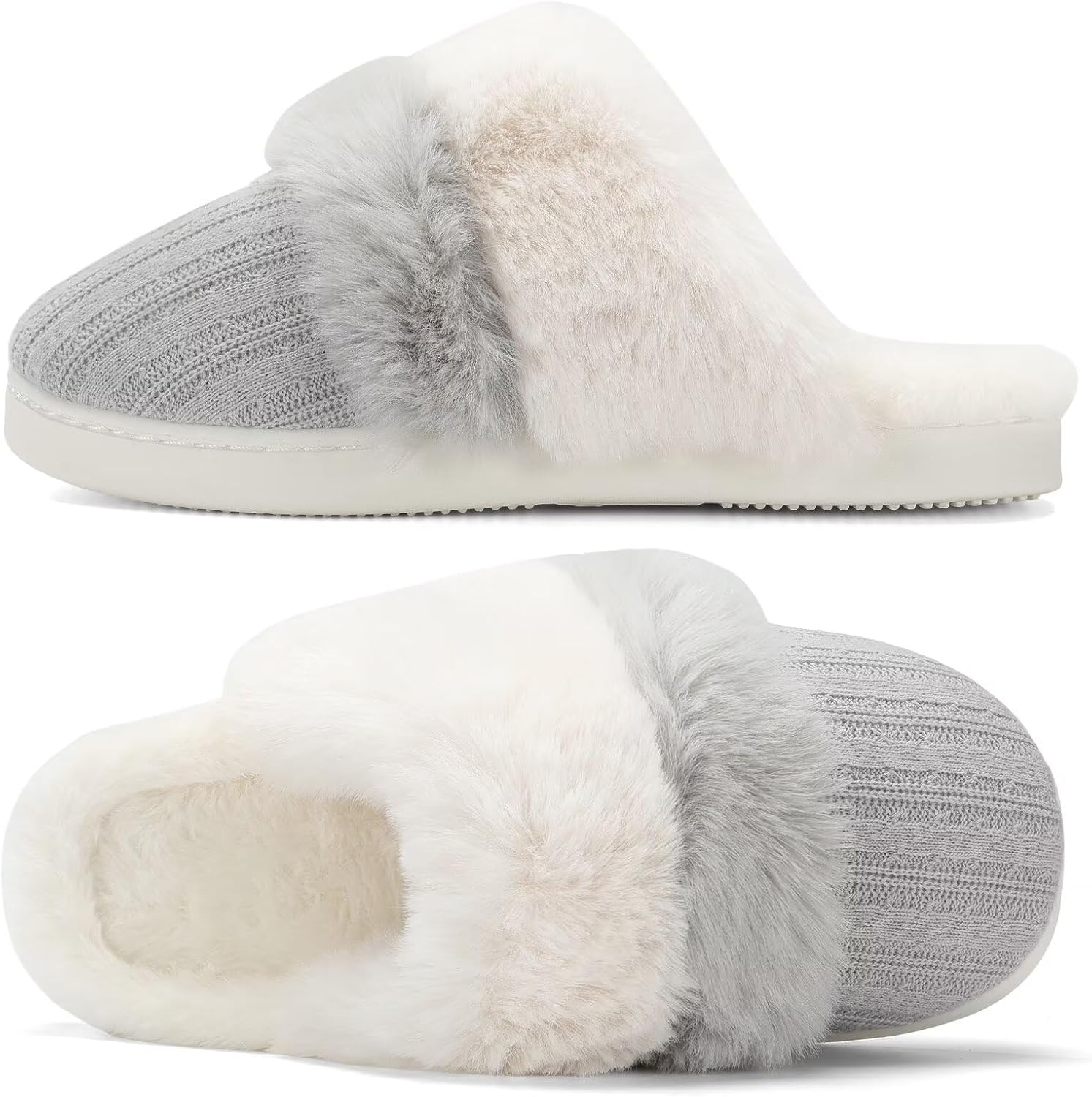 NineCiFun Women's Two-Tone Fuzzy Collar House Slippers Memory Foam Plush Faux Fur Lining - Image 6