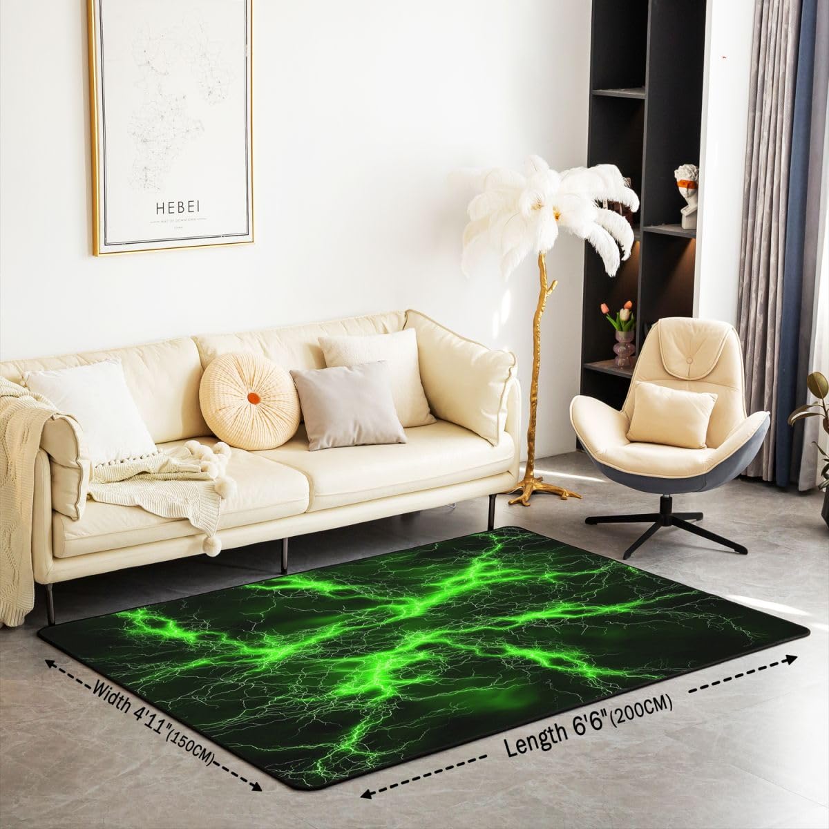 Loussiesd Tapis Salon 100x150cm Vert CorlNoir Tapis Chambre Exterieur Intérieur Lightning Antidérapant,Doux Géométrique pour Salon et Chambre Art Modernee Abstrait Lavable Luxe