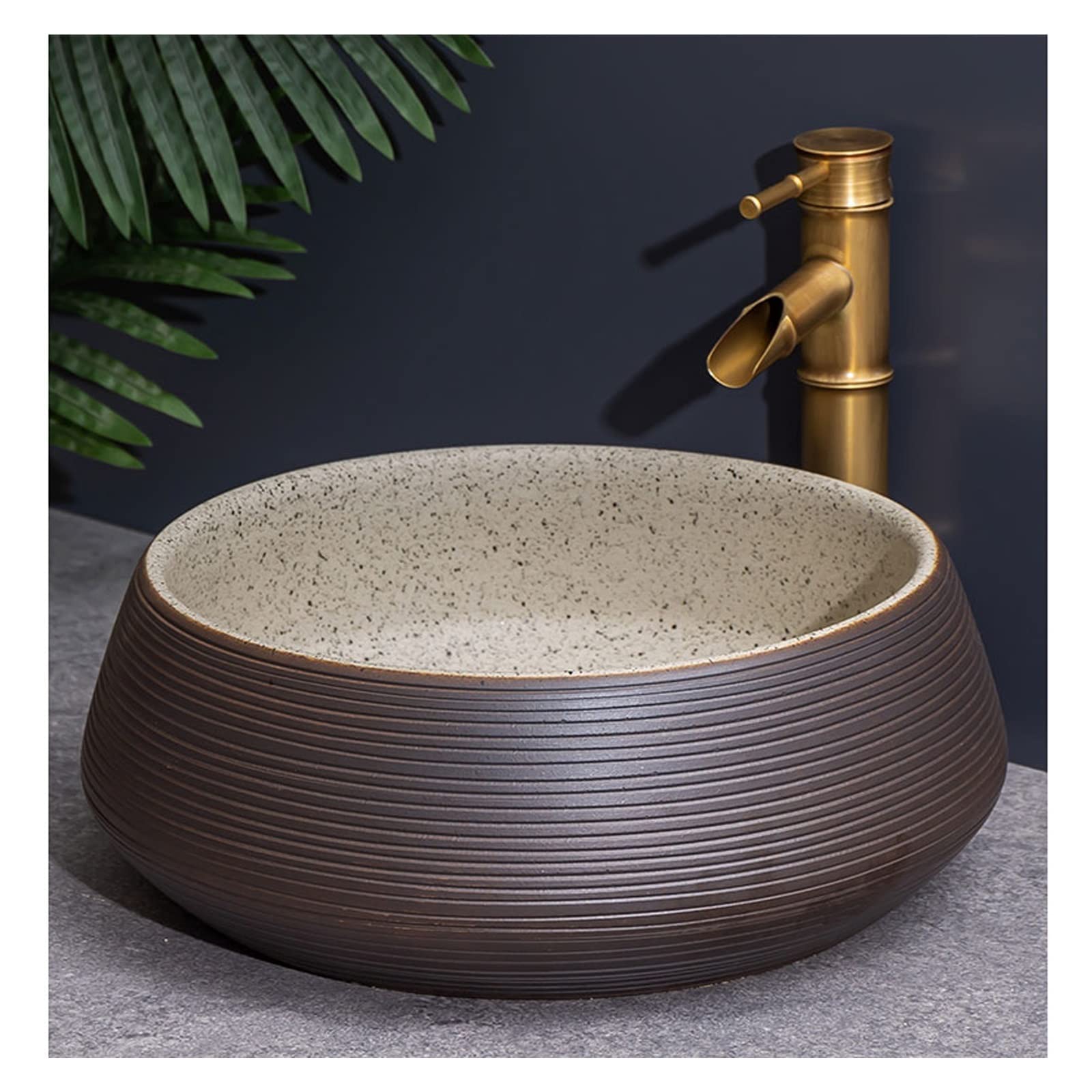 TIANQIHAO Round Vessel Sink, Minimalism Porcelain Lavatory Vanity Bathroom Above Counter Ceramic Sink Bowl Art Basin With Bamboo Shape Faucet, Line Textured
