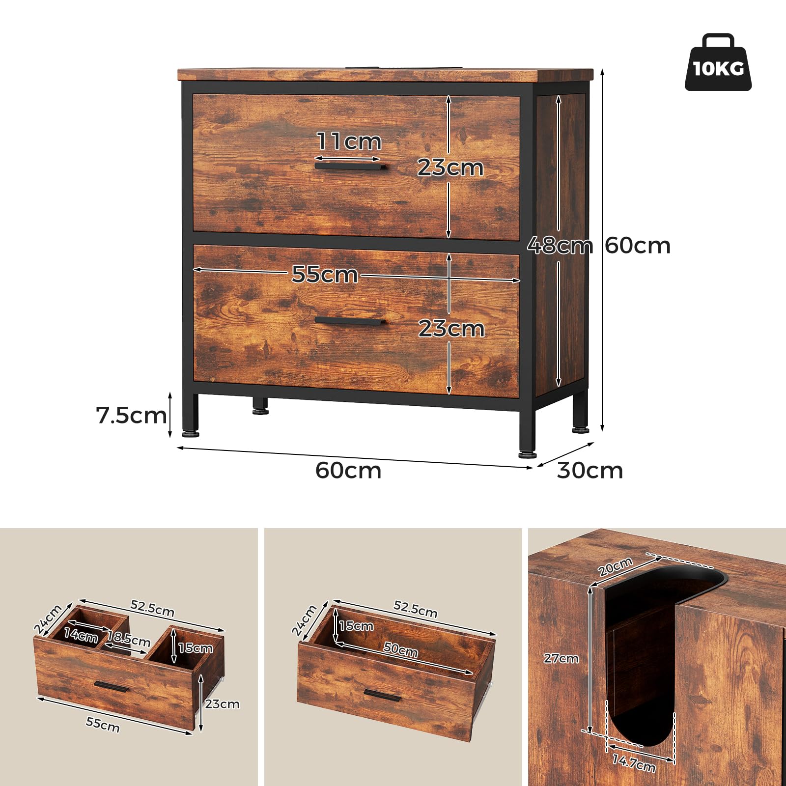ELUCHANG Waschbeckenunterschrank,Badezimmerschrank mit 2 großen Schubladen &mit Füßen,Unterschrank 60x30x60cm,Badschrank,Feuchtigkeitsbeständig,Ideal für Kompakte Badezimmer & Gäste-WC,Schwarz+Vintage
