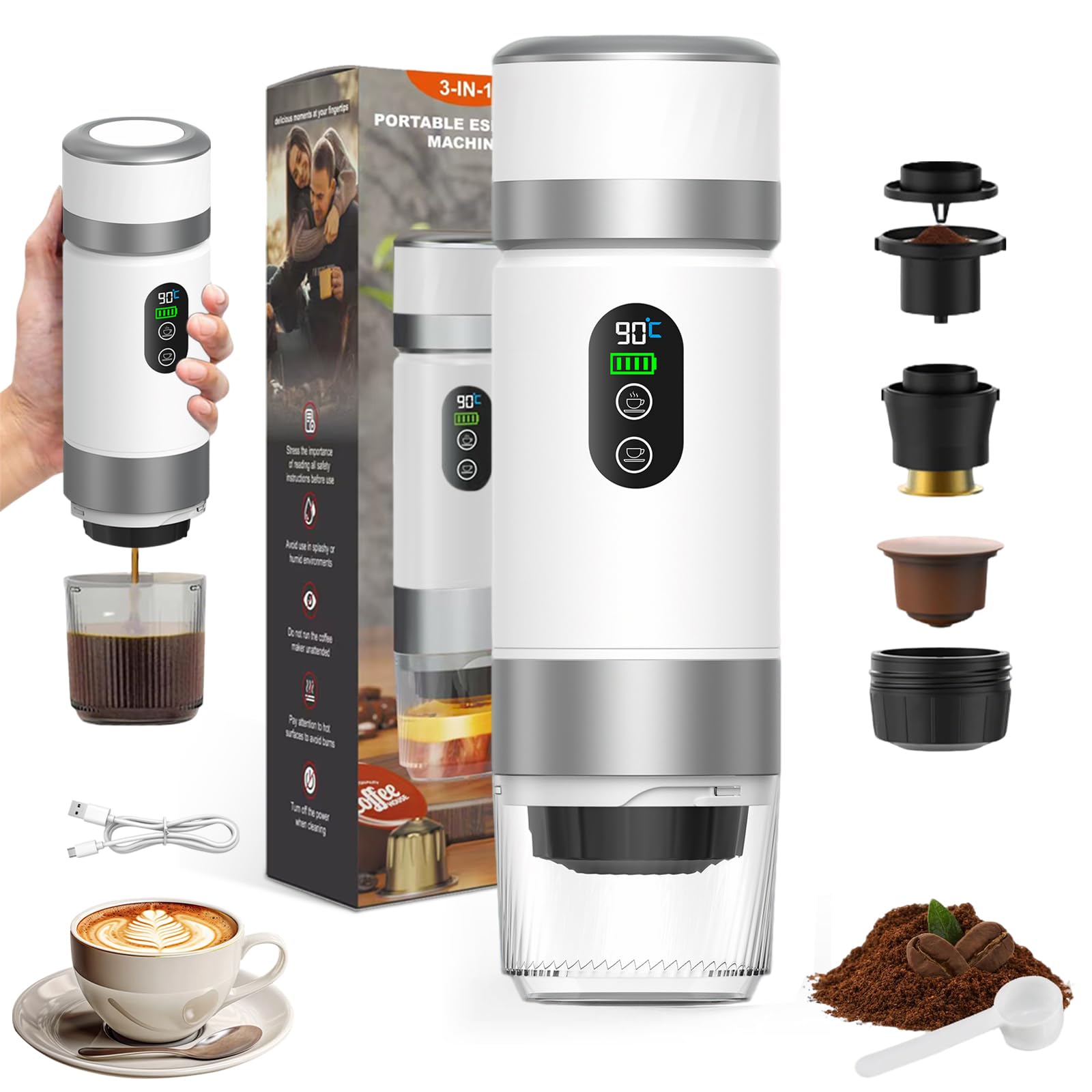 VHV Caffettiera Portatile, 3 In 1 Macchina per Caffè Viaggio - Senza Fili & Auto-Riscaldante - Con Batteria 7500mAh, 20 Bar di Pressione - Adatto a Varie Scene Portatili e Regali (Bianco)
