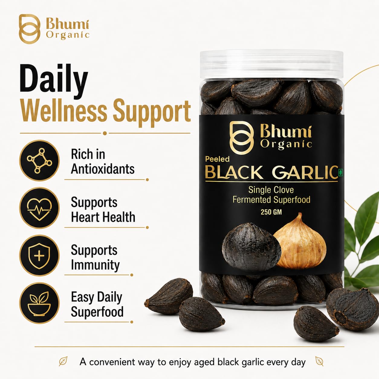 Bhumi Organic Schwarze Knoblauchzehe, verzehrfertig, 90 Tage gereift, sehr nahrhaft (250 g)