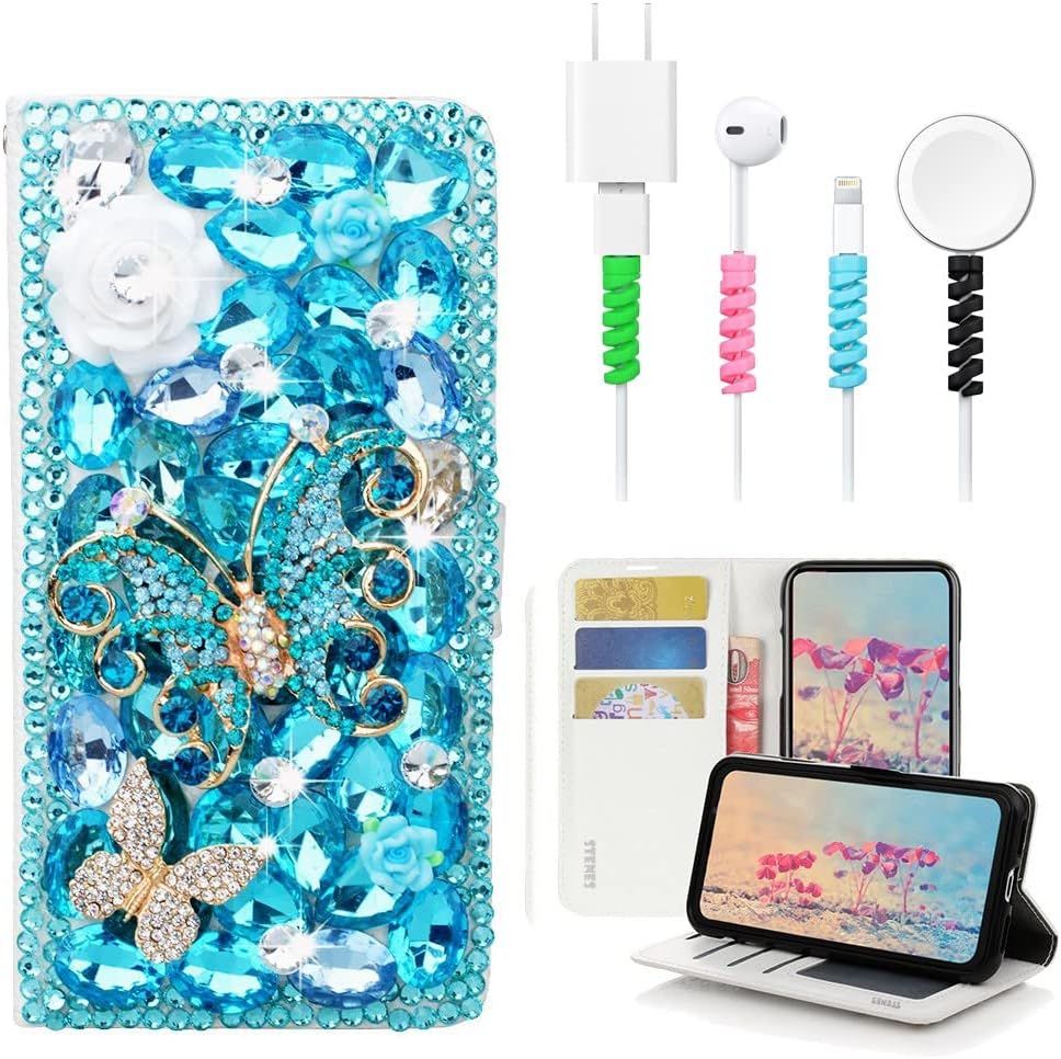 STENES Bling Wallet Case Compatible with Samsung Galaxy J2 Core/Galaxy J2 Pure - Stylish - 3D Handmade Rose Flowers Butterfly Leather Cover with Cable Protector [4 Pack] - Light Blue