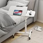 Adjustable Overbed Table with Wheels, 23.6"–37.4" Mobile Bedside Desk with Tilt Top, Rolling Laptop Stand for Bedroom, Hospital, Office, White