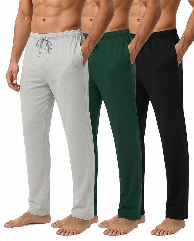 Real Essentials 3 Pack Mens Cotton Pajama Pants Soft PJ Lounge Bottoms Loungewear Elastic Waist Pockets Big and