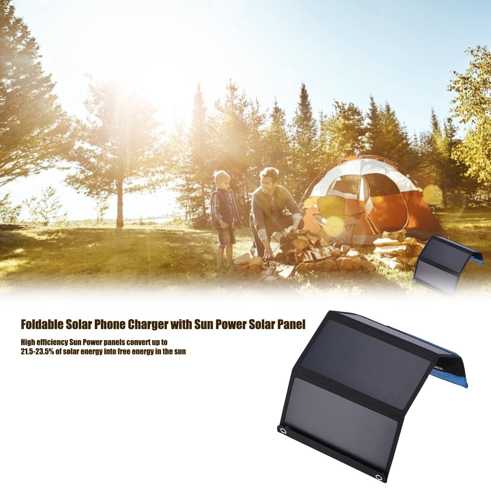 Caricatore Solare Pieghevole Caricatore per Telefono Solare Borsa di Ricarica CC Portatile Impermeabile per Escursionismo Campeggio 21 W Sun Power Design Compatto